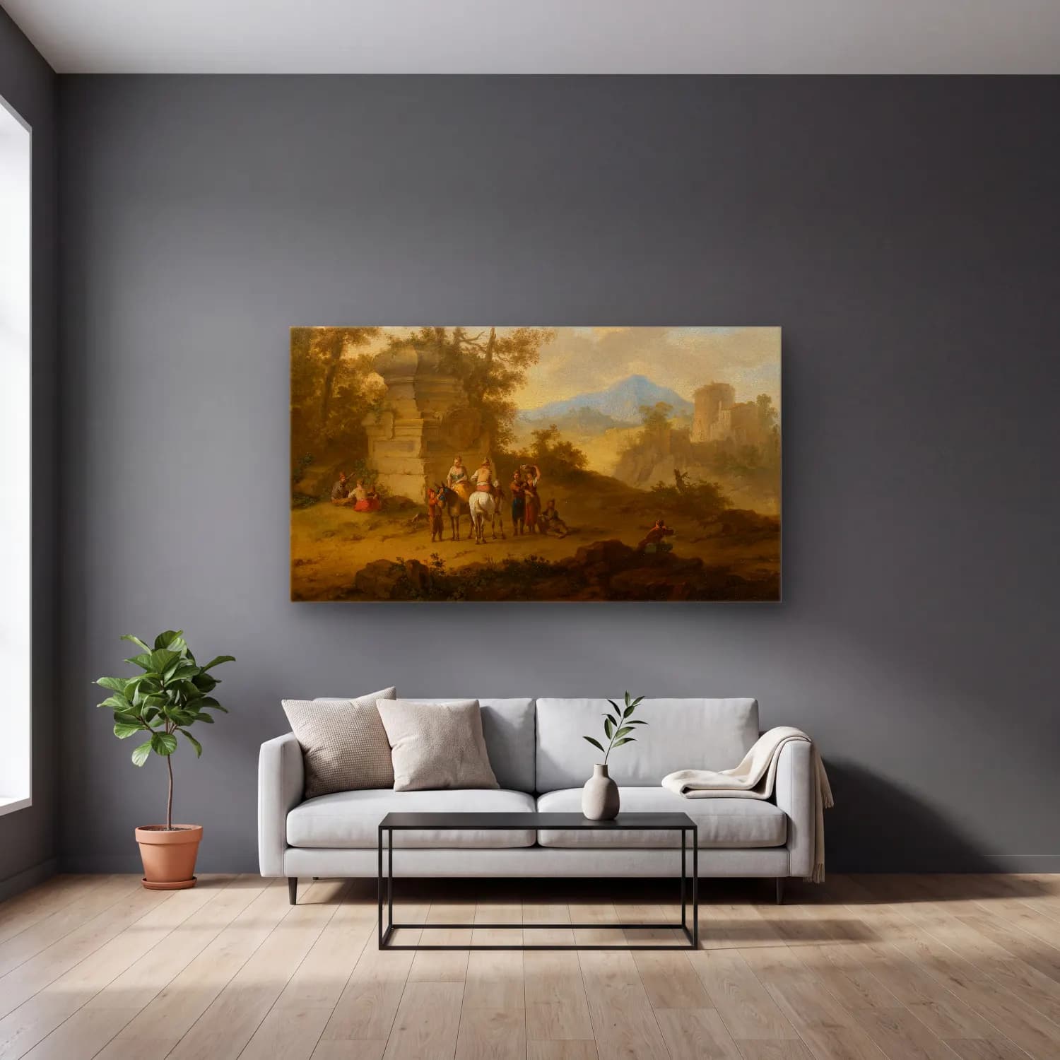 Franz de Paula Ferg – Landscape with Tomb and Horsemen cam tablo — gri duvarlı salonda