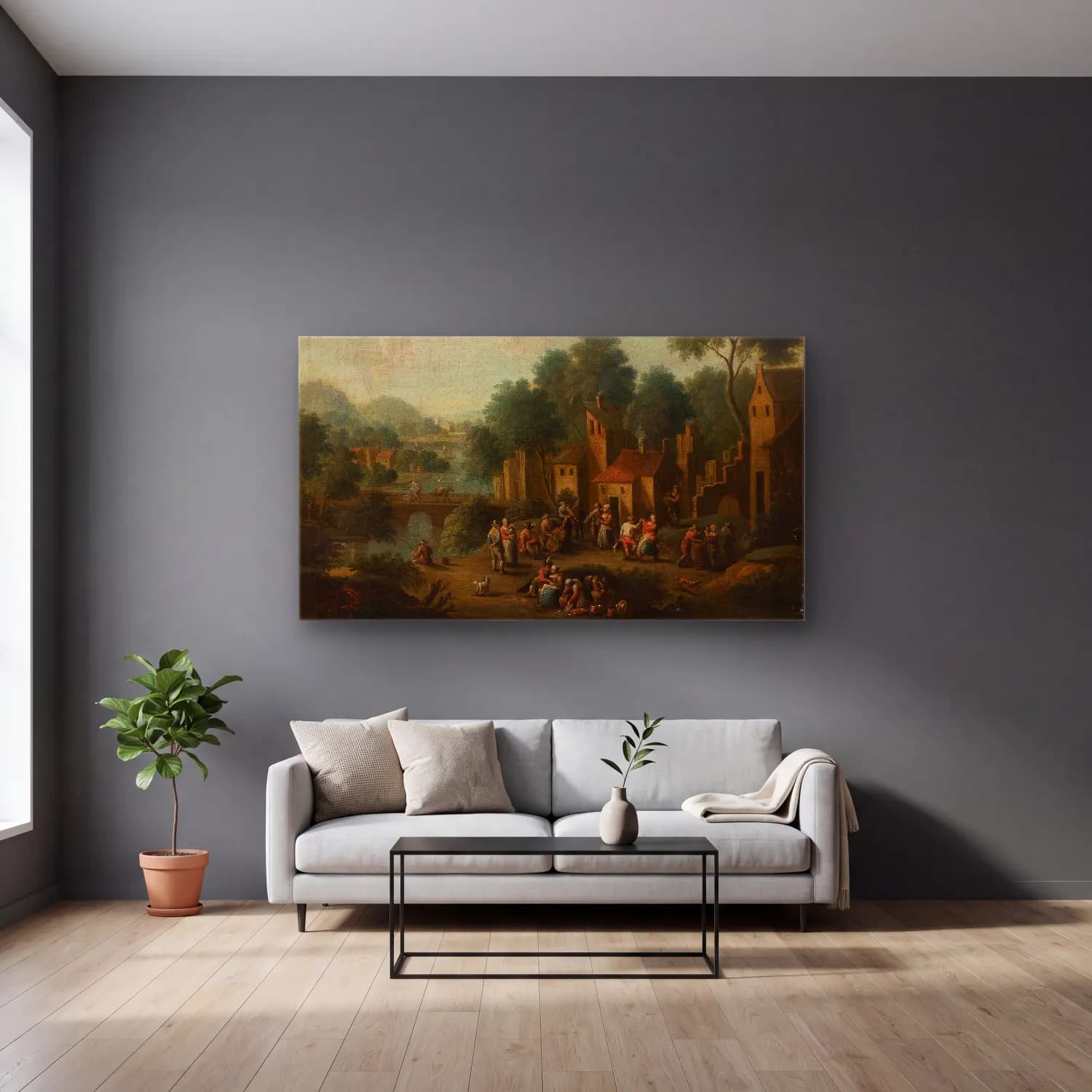 Franz de Paula Ferg – Landscape with peasants at play cam tablo — gri duvarlı salonda