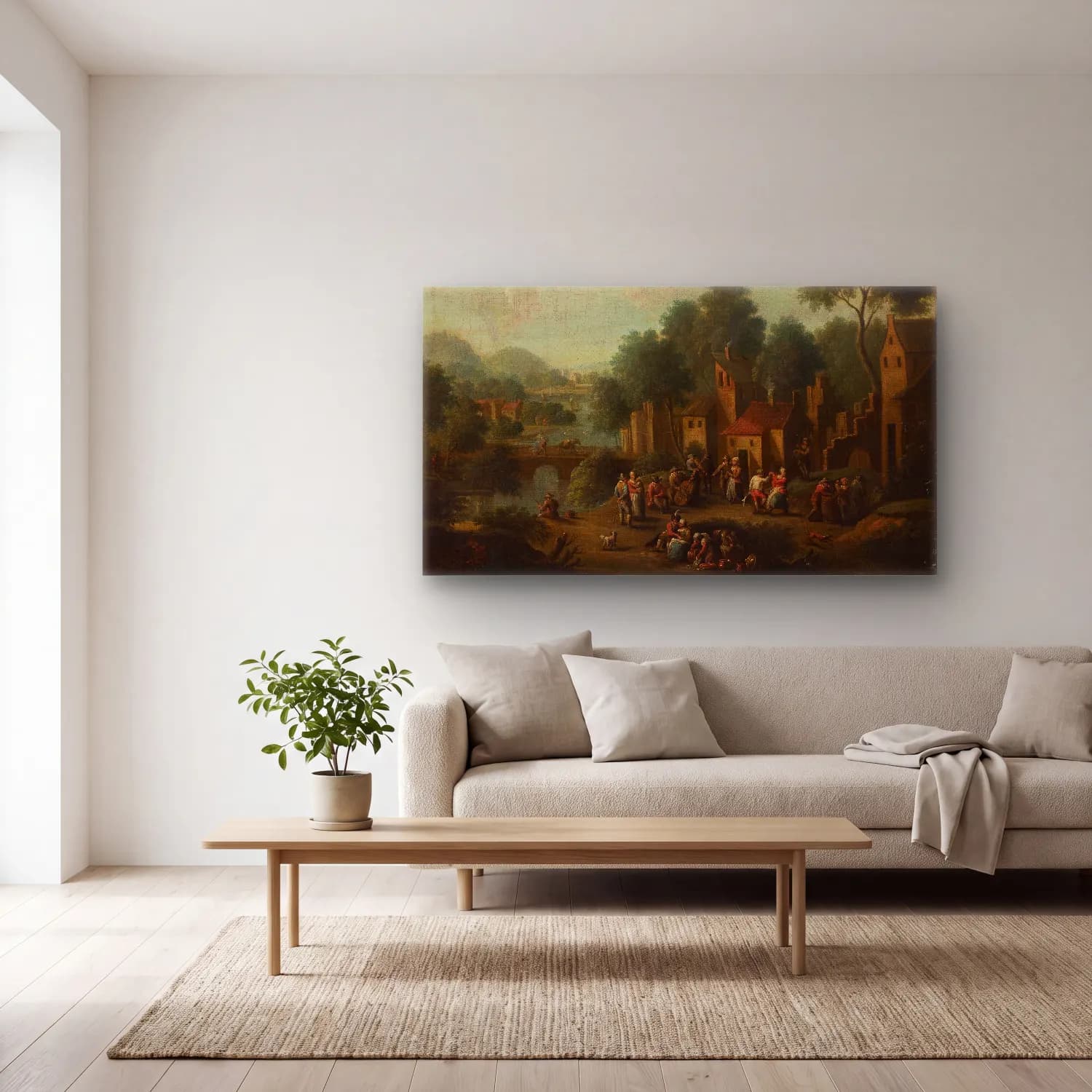 Franz de Paula Ferg – Landscape with peasants at play cam tablo — açık renk salonda