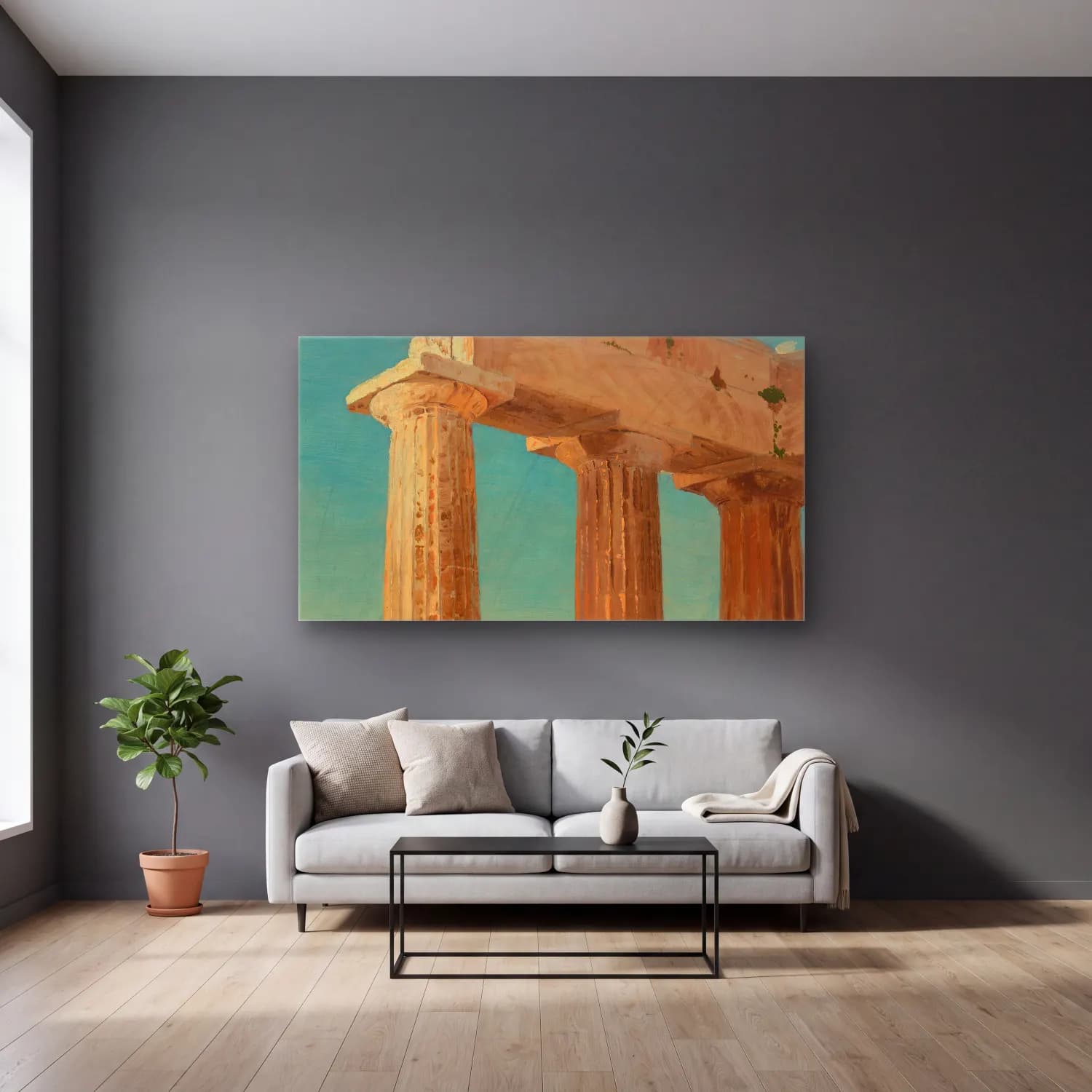 Frederic Edwin Church – Columns of the Parthenon, Athens cam tablo — gri duvarlı salonda
