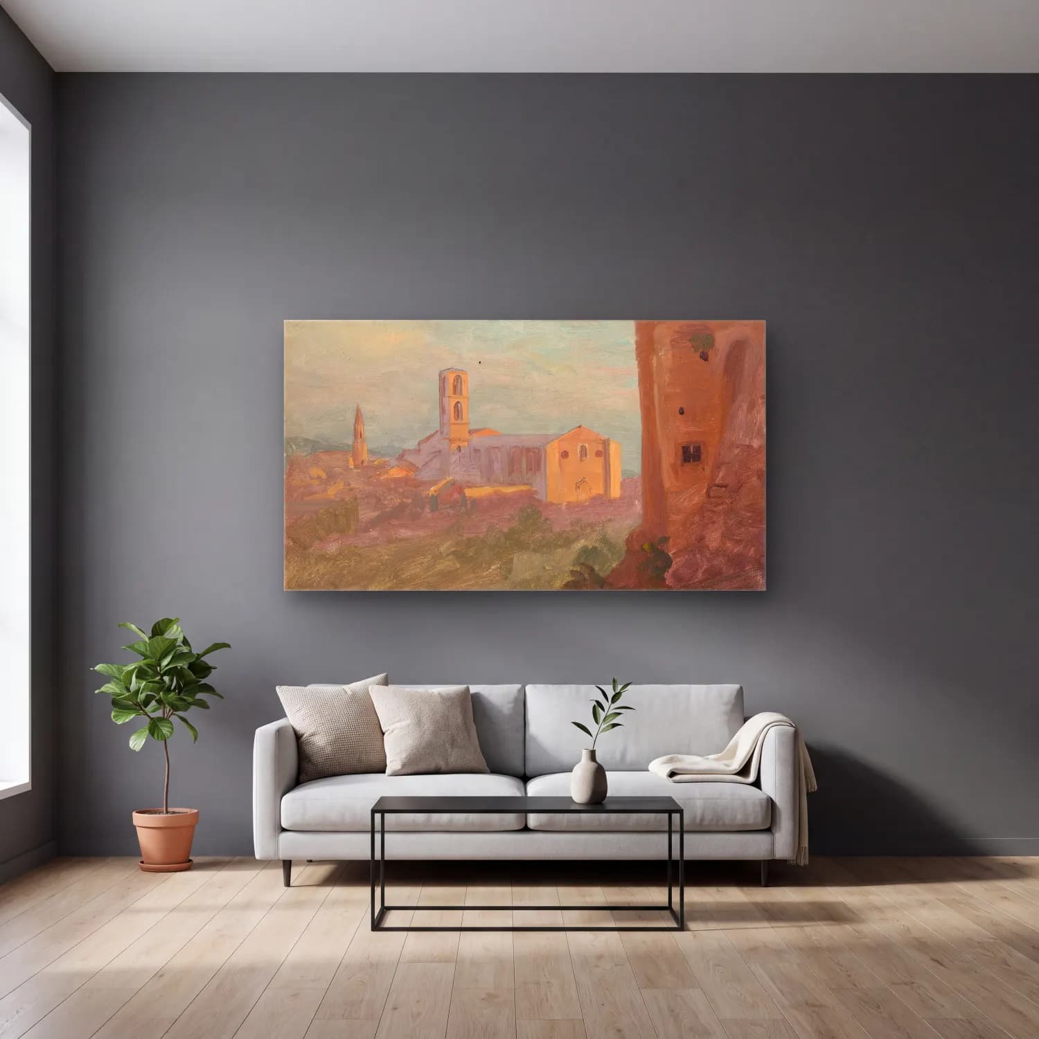 Frederic Edwin Church – Italian or Swiss Town cam tablo — gri duvarlı salonda