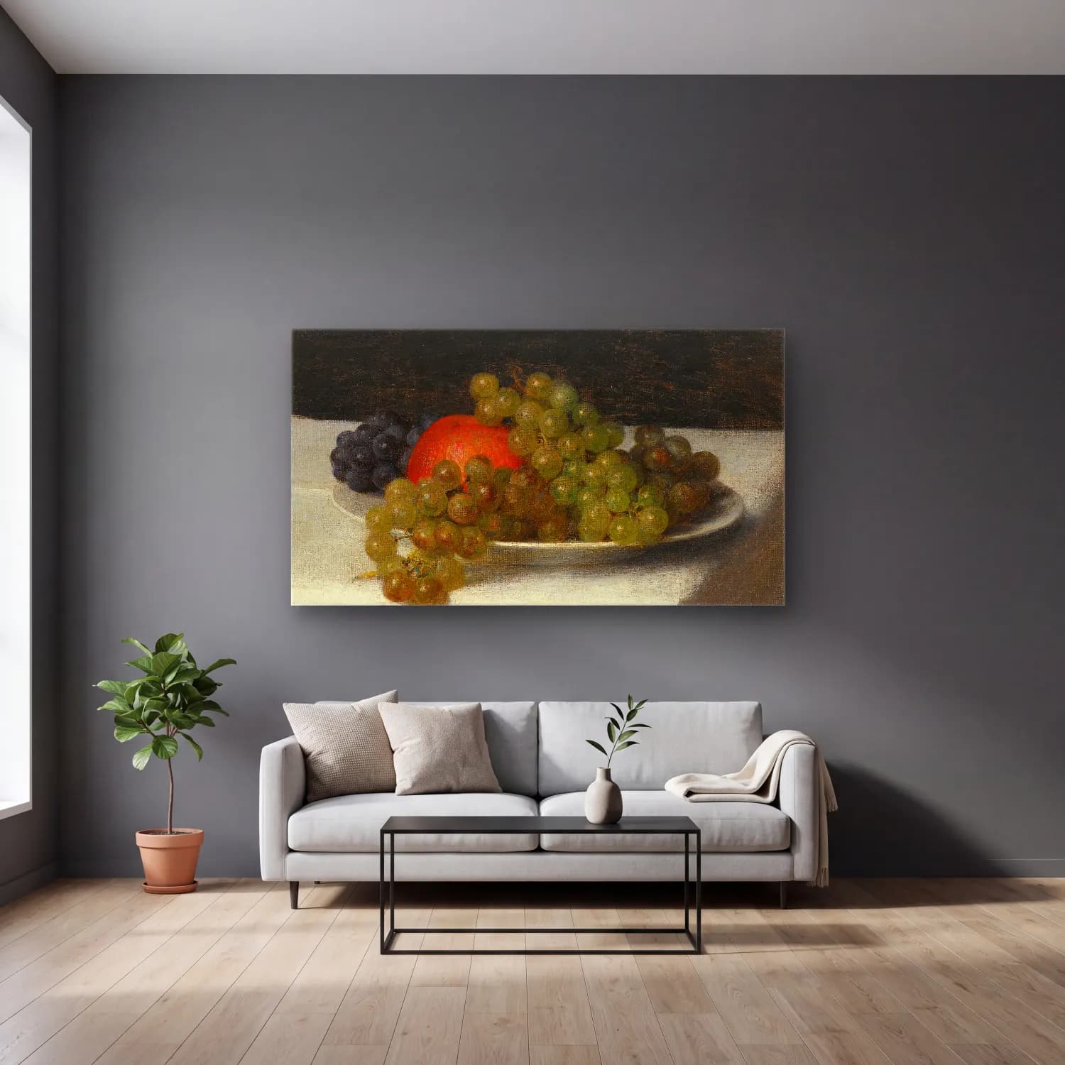 Henri Fantin-Latour – Pommes Et Raisins cam tablo — gri duvarlı salonda
