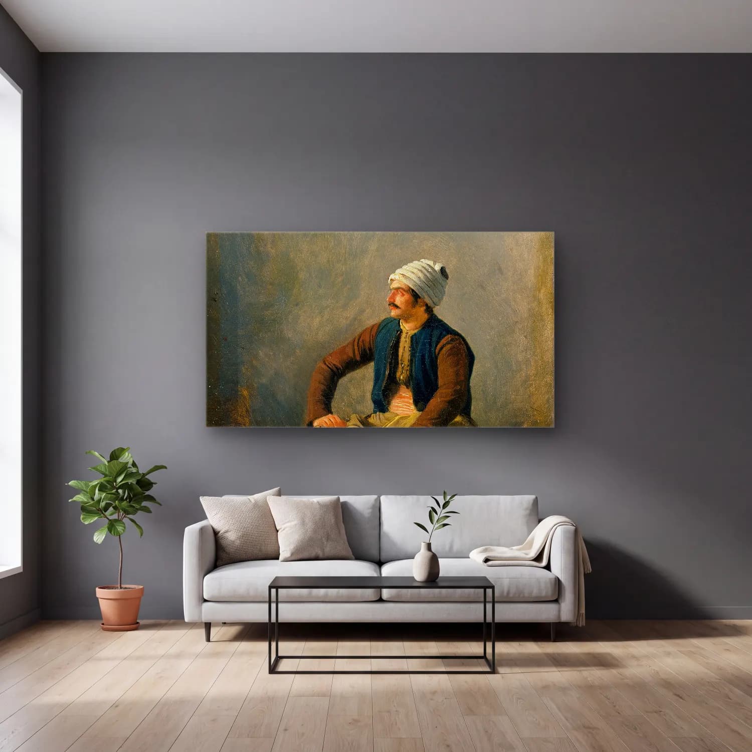 Horace Vernet – An Eastern Trader cam tablo — gri duvarlı salonda