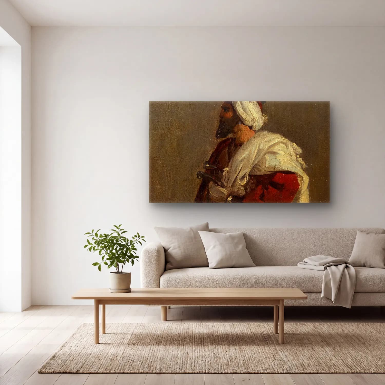 Horace Vernet – Arab Warrior (ca. 1817–22) cam tablo — açık renk salonda