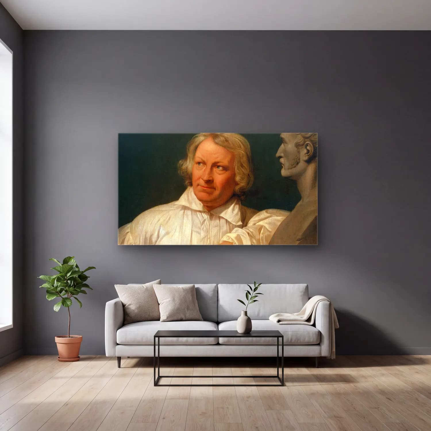 Horace Vernet – Bertel Thorvaldsen with the Bust of Horace Vernet cam tablo — gri duvarlı salonda