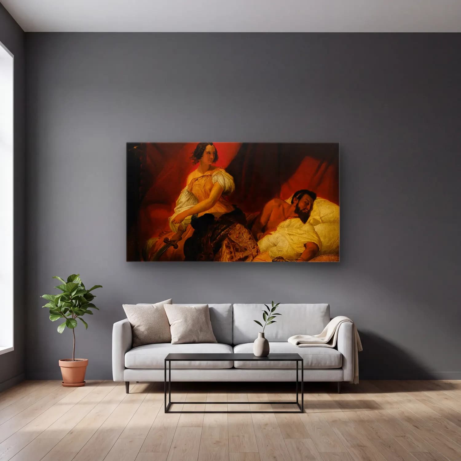 Horace Vernet – Judith & Holifer cam tablo — gri duvarlı salonda