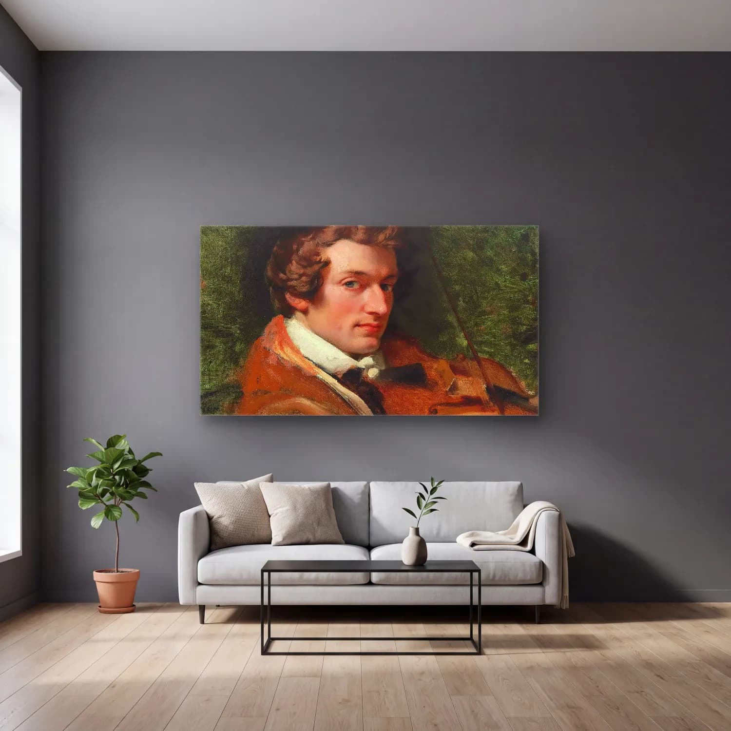Horace Vernet – Portrait of Charles Auguste de Bériot cam tablo — gri duvarlı salonda