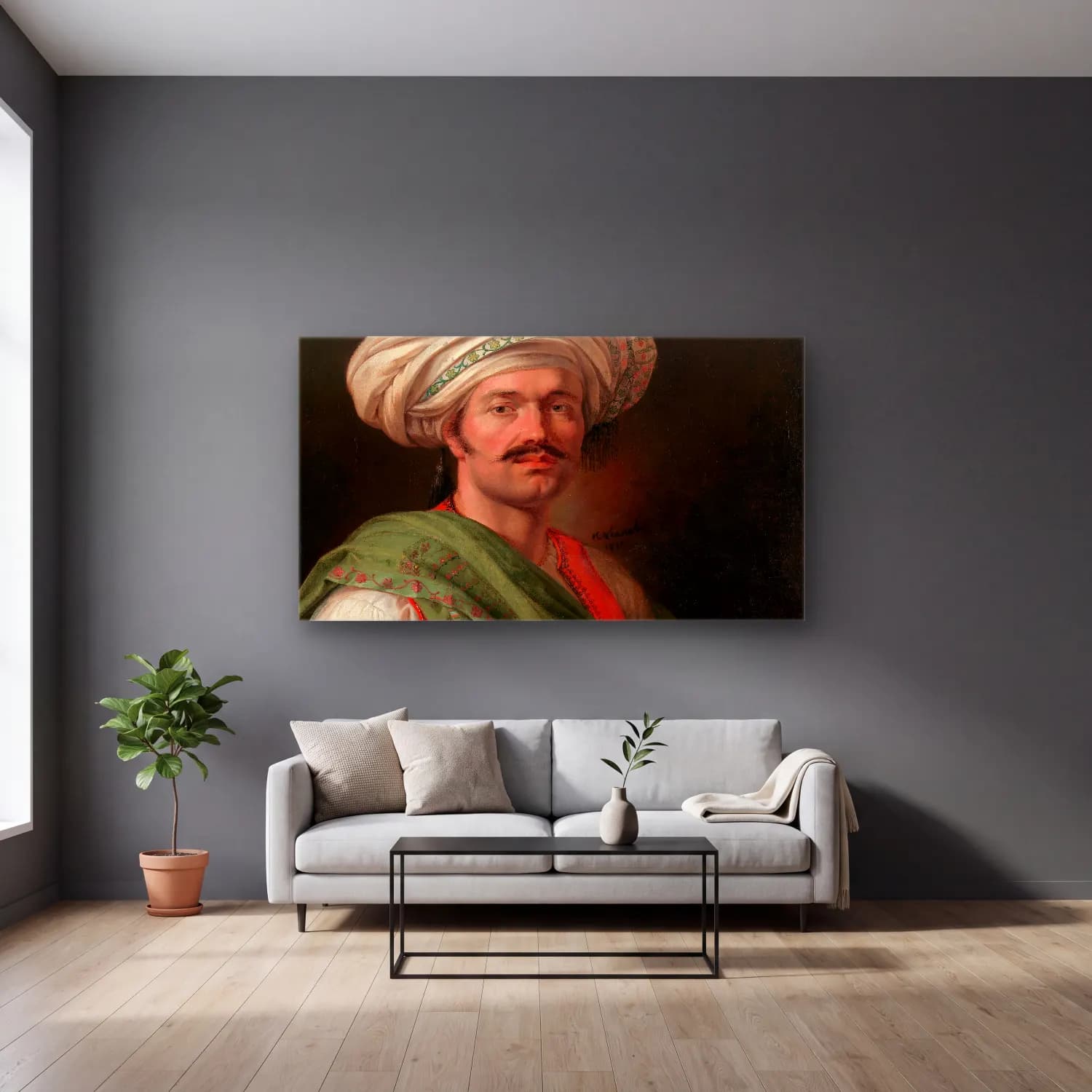 Horace Vernet – Portrait of a Mameluke. Said to Be Roustam Raza cam tablo — gri duvarlı salonda