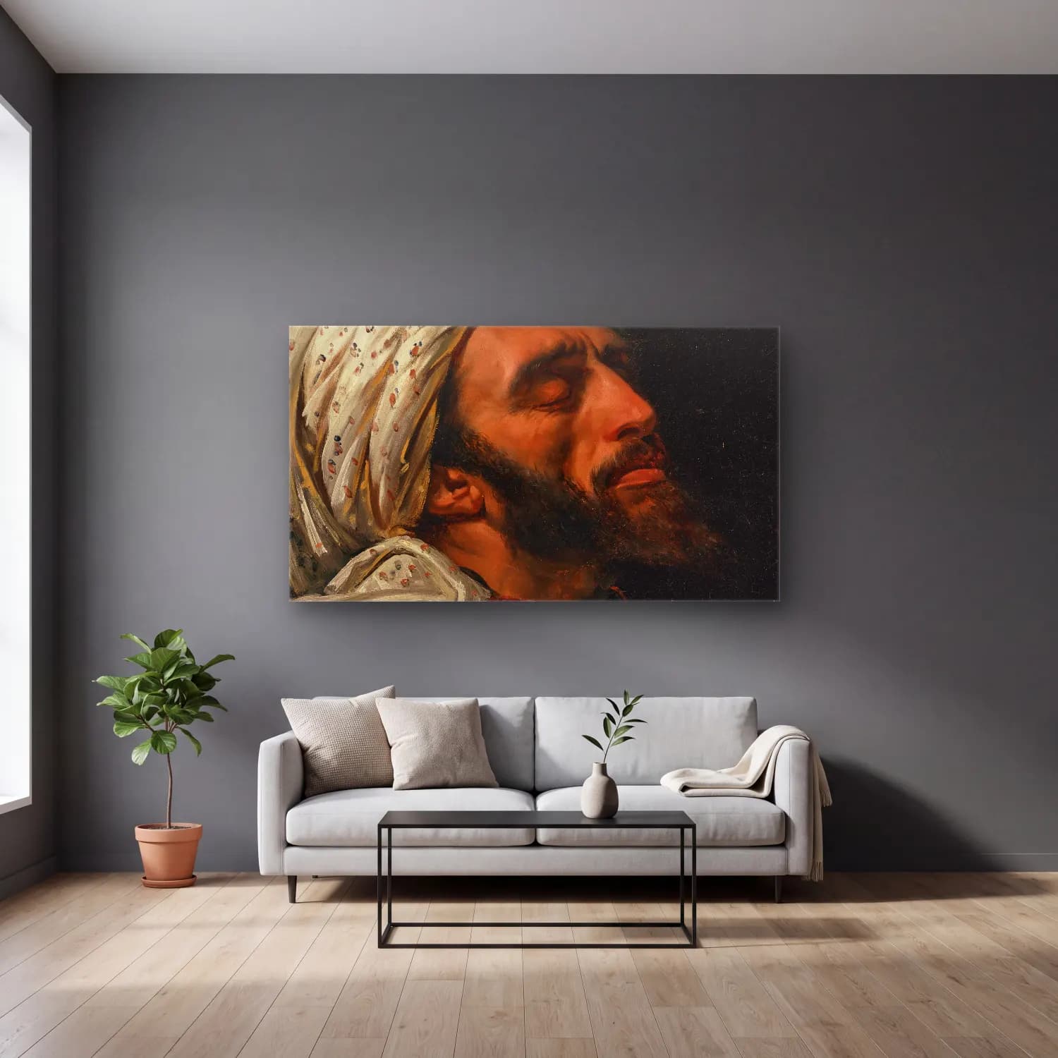 Horace Vernet – Portrait of an Arab man cam tablo — gri duvarlı salonda