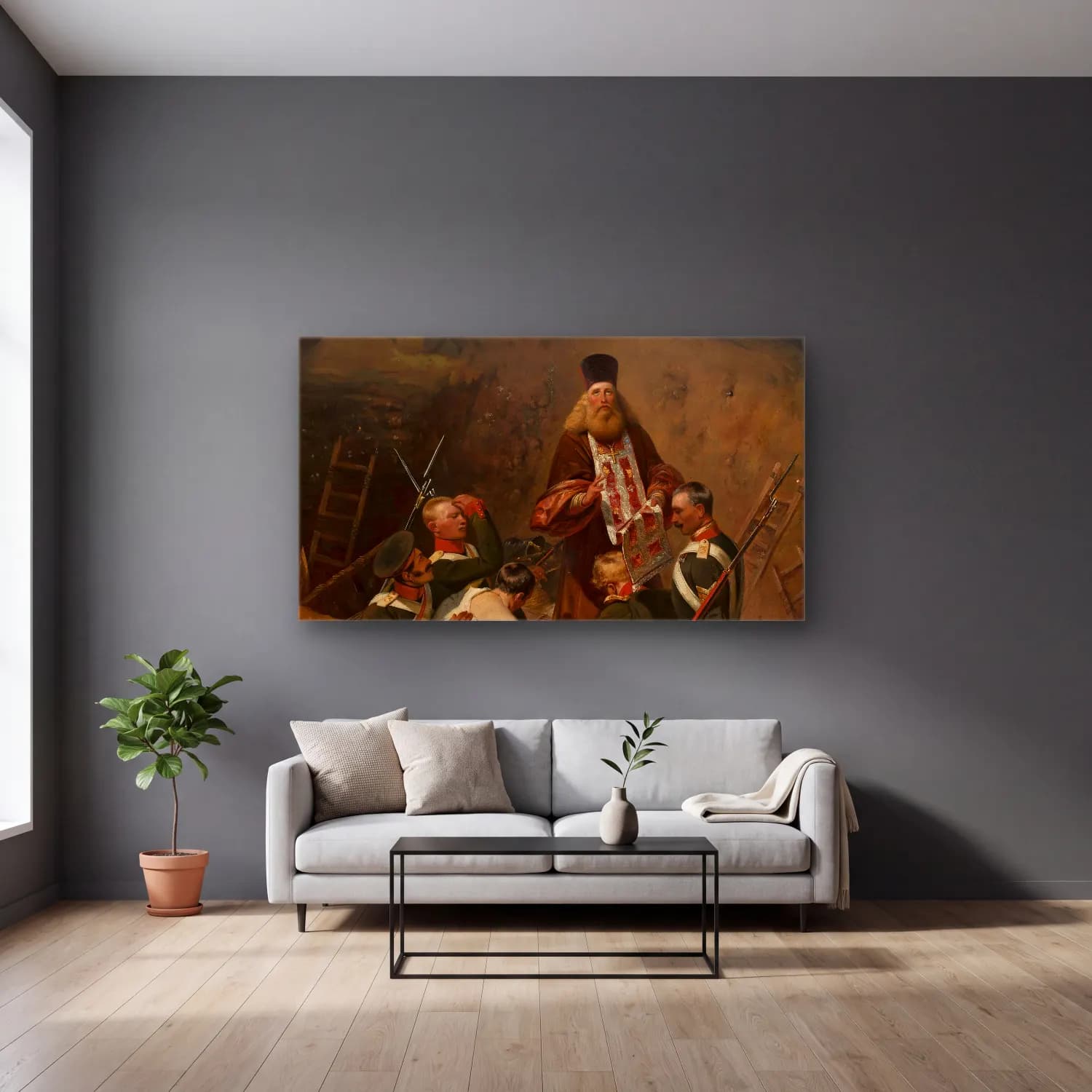 Horace Vernet – Priest blessing soldiers cam tablo — gri duvarlı salonda