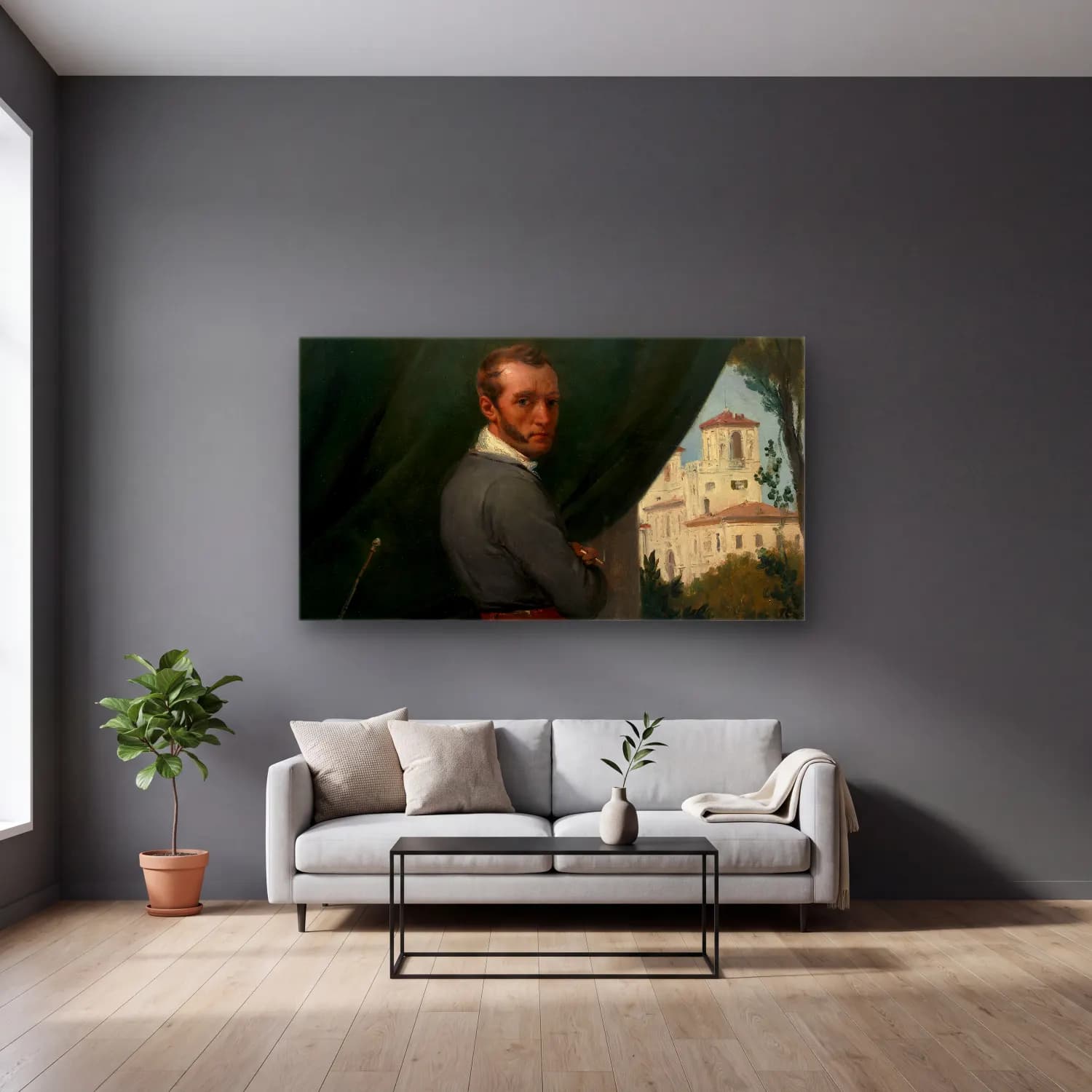 Horace Vernet – Self-Portrait in Rome cam tablo — gri duvarlı salonda