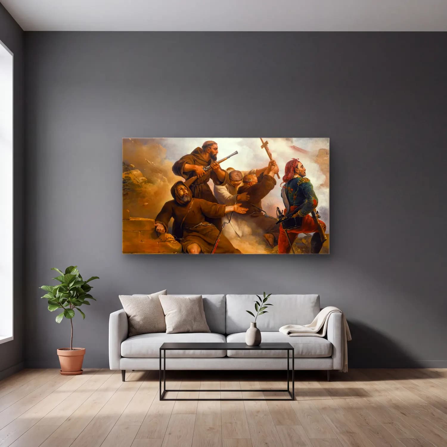 Horace Vernet – The Siege Of Saragossa cam tablo — gri duvarlı salonda