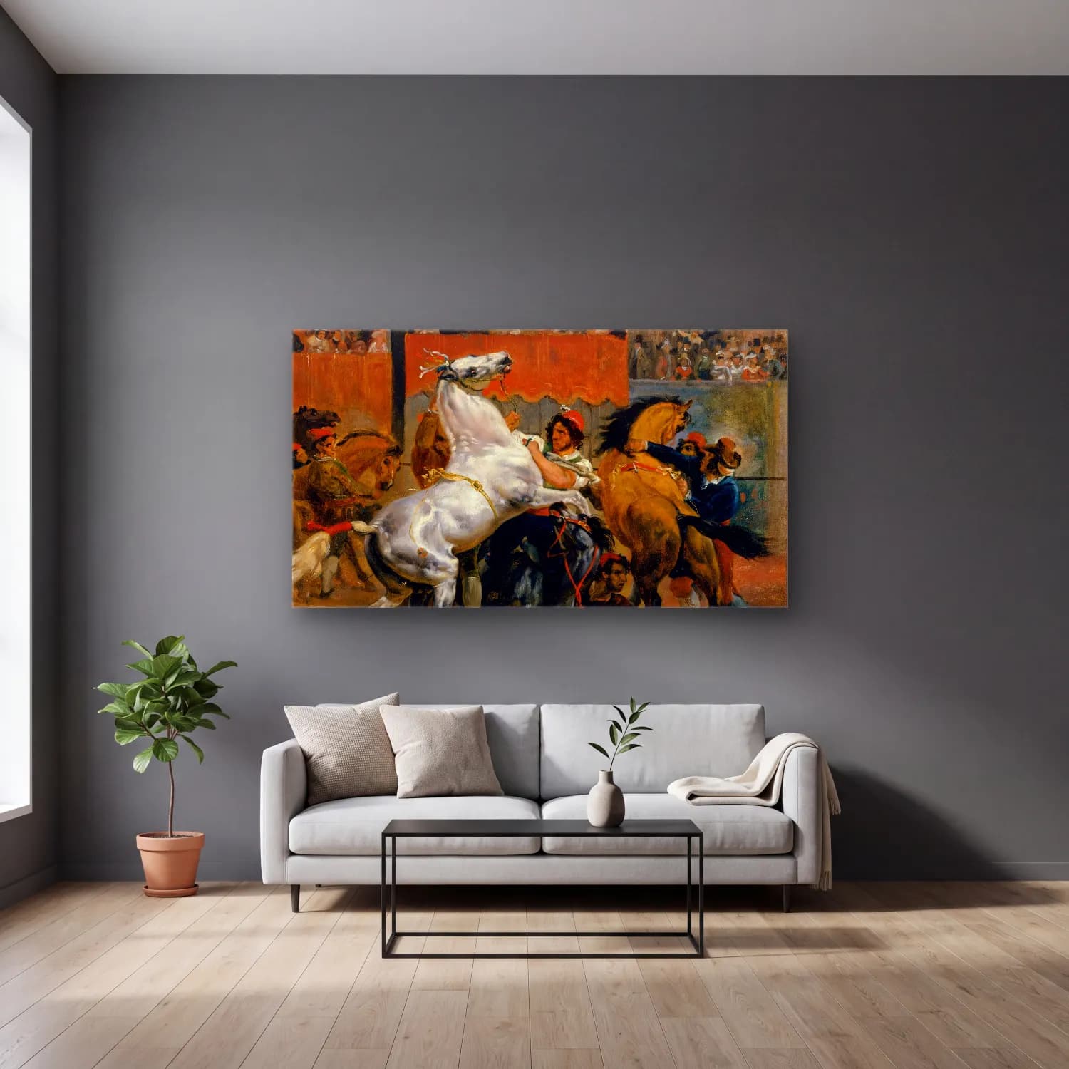 Horace Vernet – The Start of the Race of the Riderless Horses cam tablo — gri duvarlı salonda