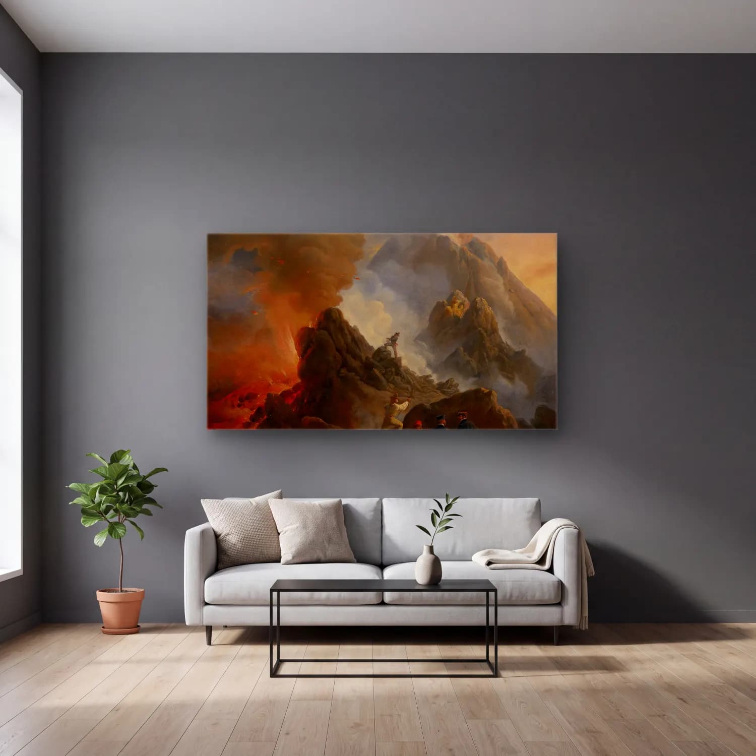 Horace Vernet – The Vesuvius Erupting, the Artist and His Father, Carle… cam tablo — gri duvarlı salonda
