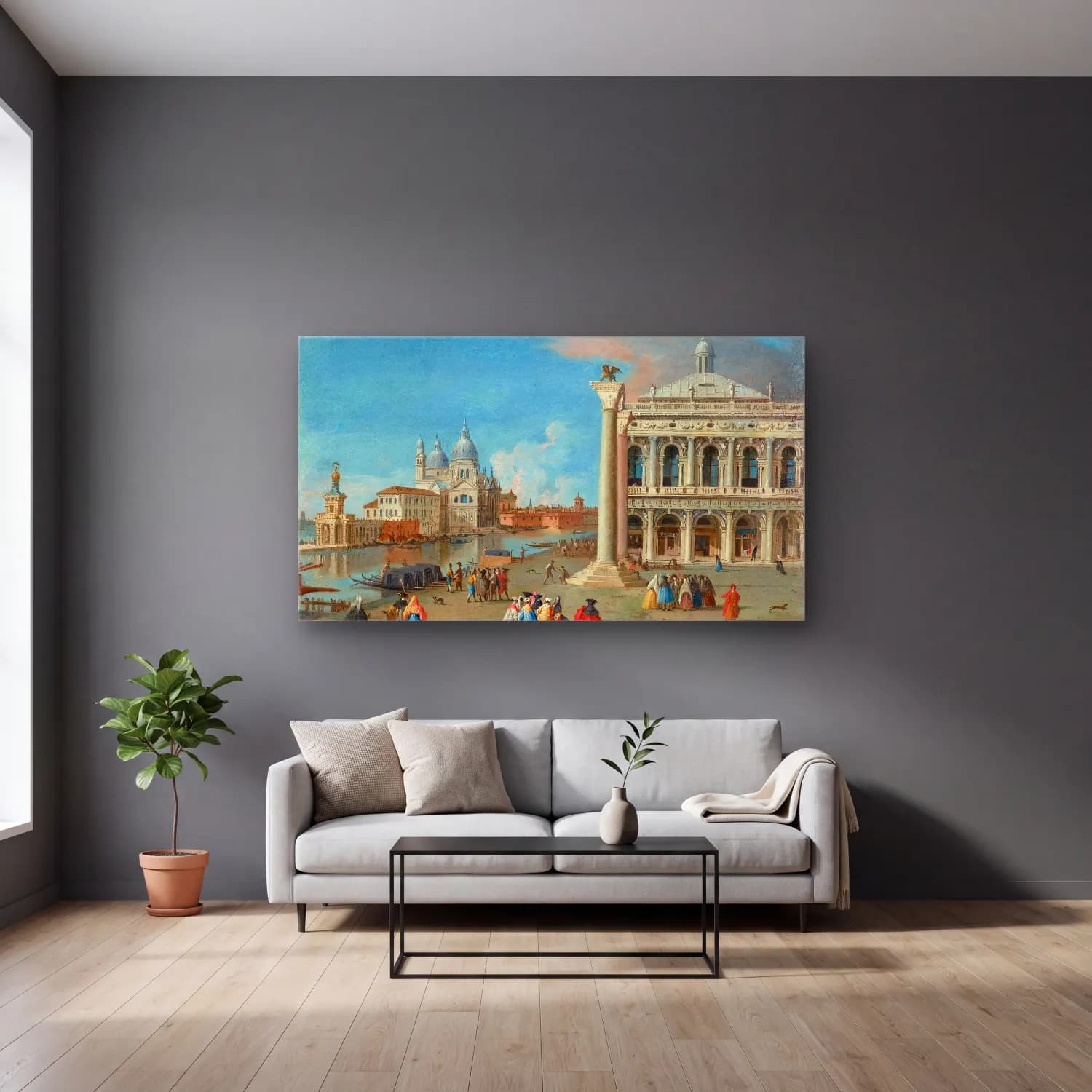 Johan Anton Richter – The Piazzetta with Santa Maria della Salute beyond, Venice cam tablo — gri duvarlı salonda