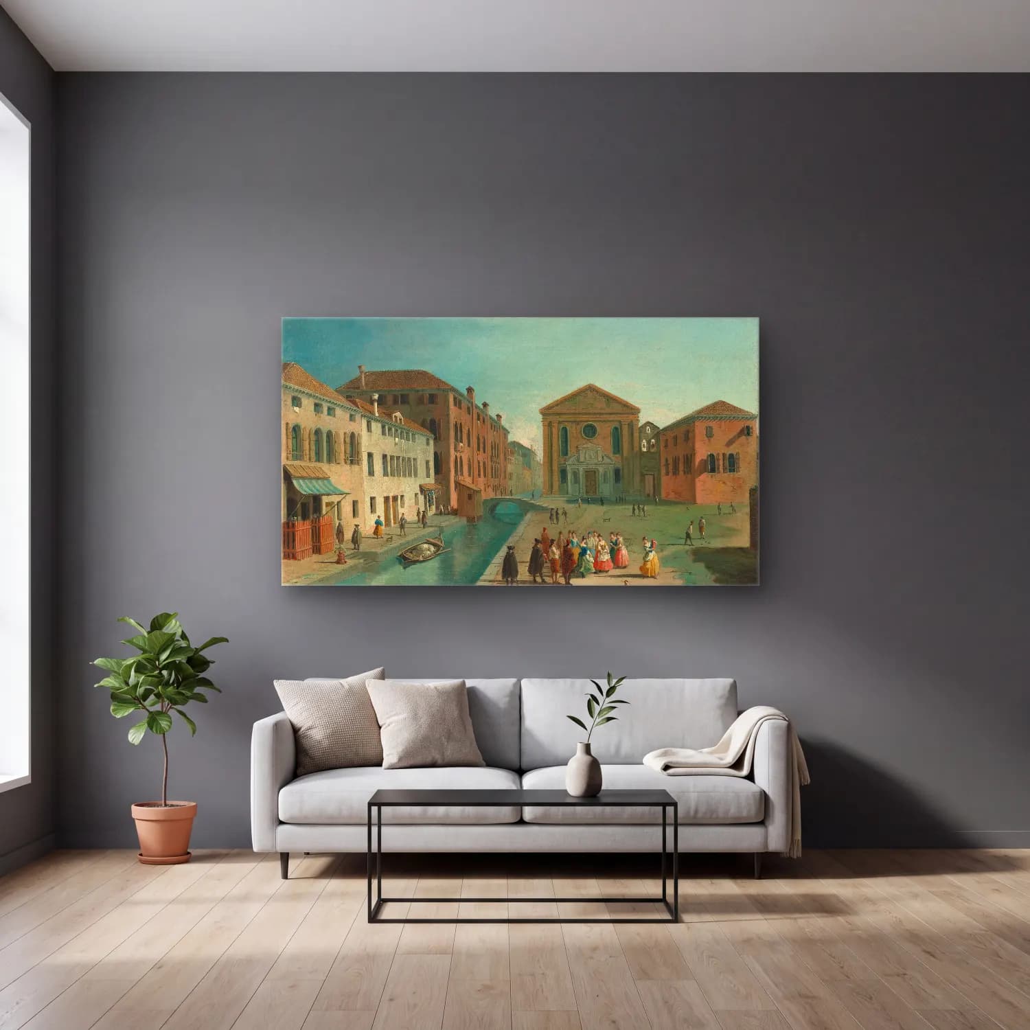 Johan Anton Richter – Venice, the Church of San Giuseppe di Castello cam tablo — gri duvarlı salonda