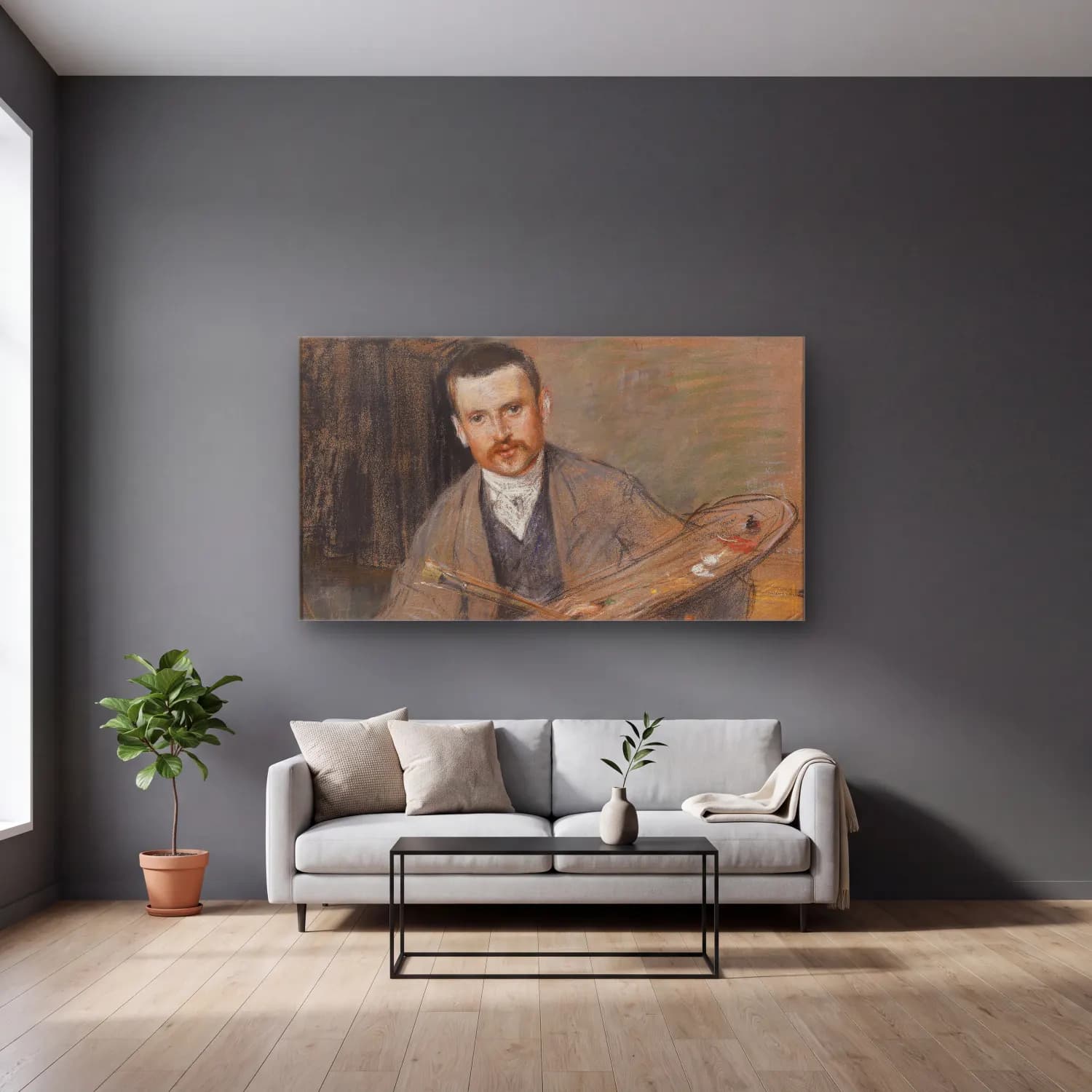 Richard Bergh – Johan Kindborg, 1861-1907, artist, married to wood engraver… cam tablo — gri duvarlı salonda