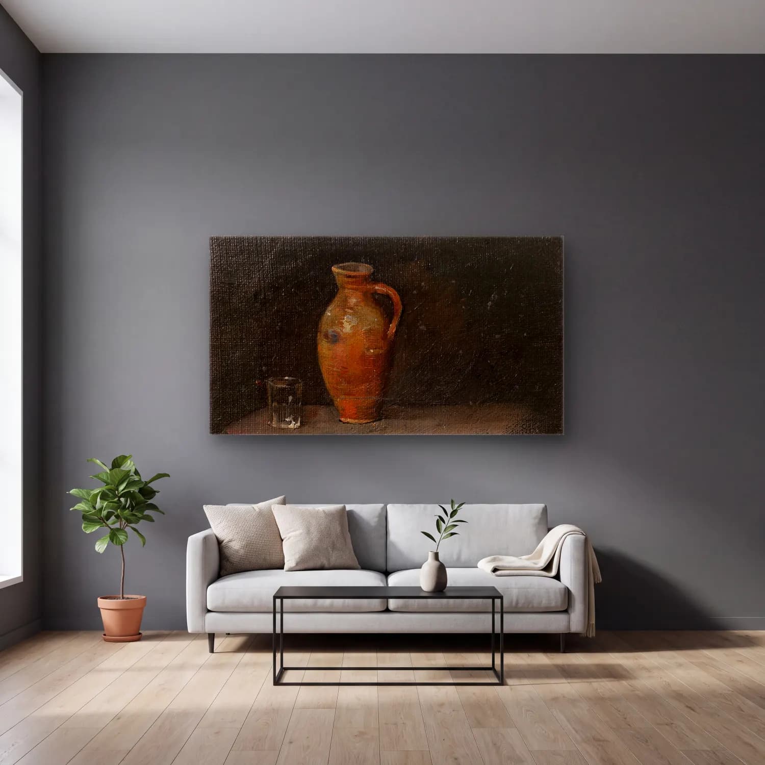 Richard Bergh – Still-life cam tablo — gri duvarlı salonda