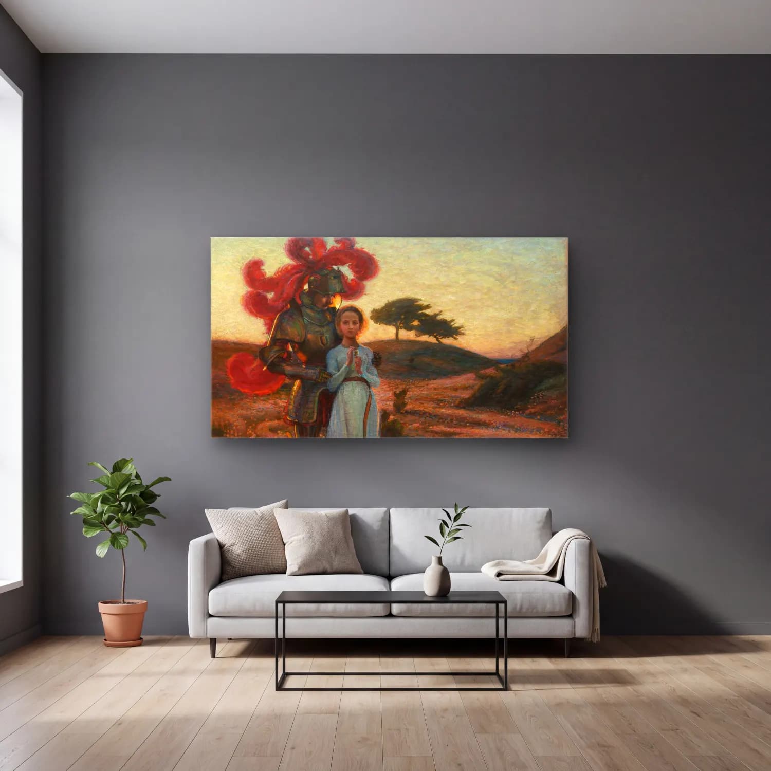 Richard Bergh – The Knight and the Maiden cam tablo — gri duvarlı salonda