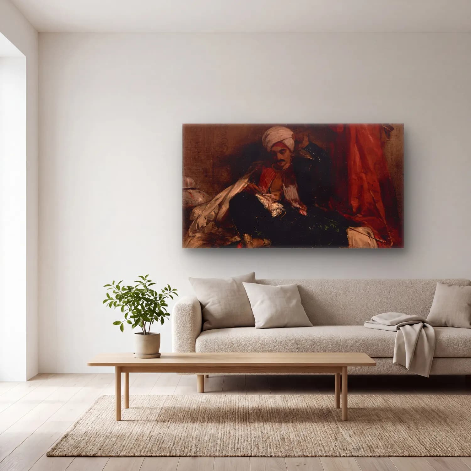 Richard Parkes Bonington – Seated Turk cam tablo — açık renk salonda
