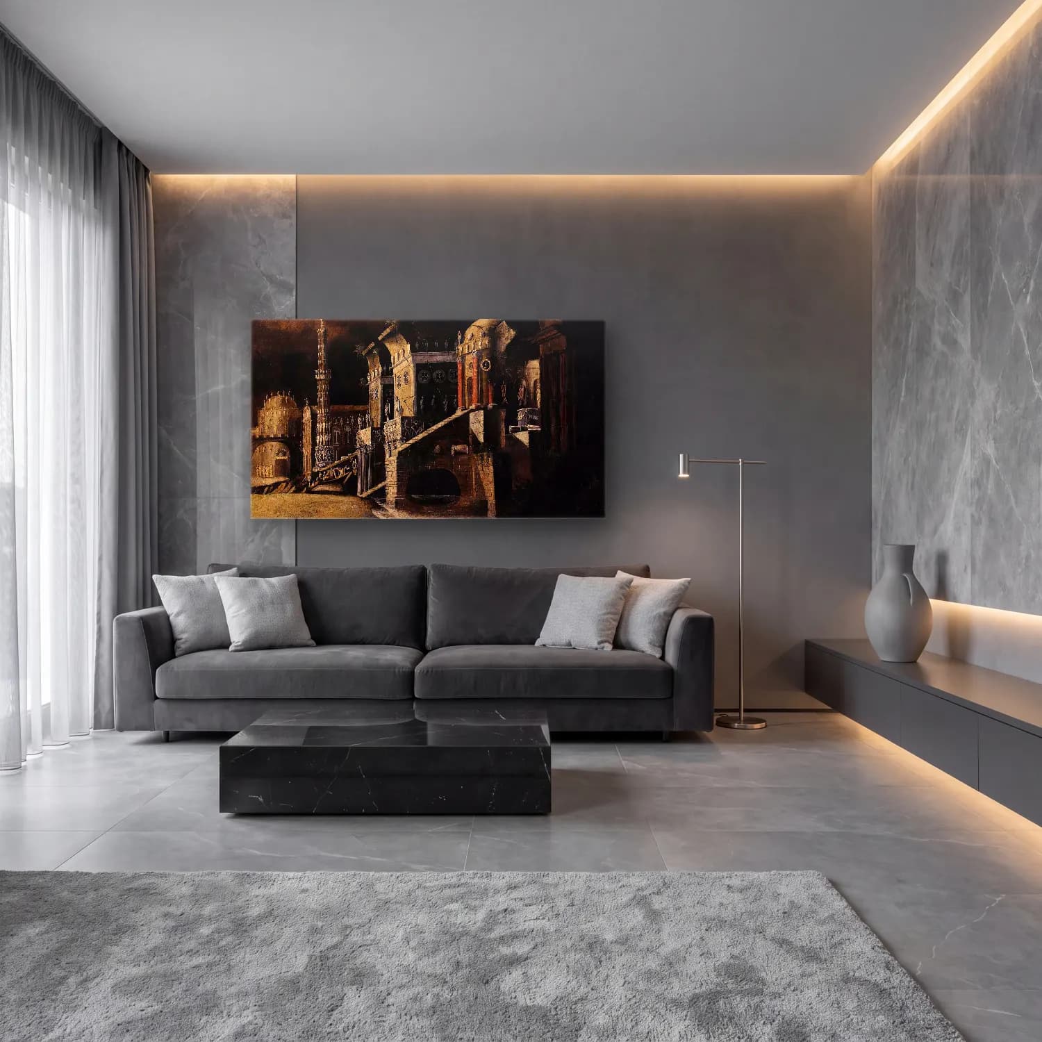 Yağlı Boya Gece Şehir – Siyah Beyaz Tonlar cam tablo — lüks salon duvarında