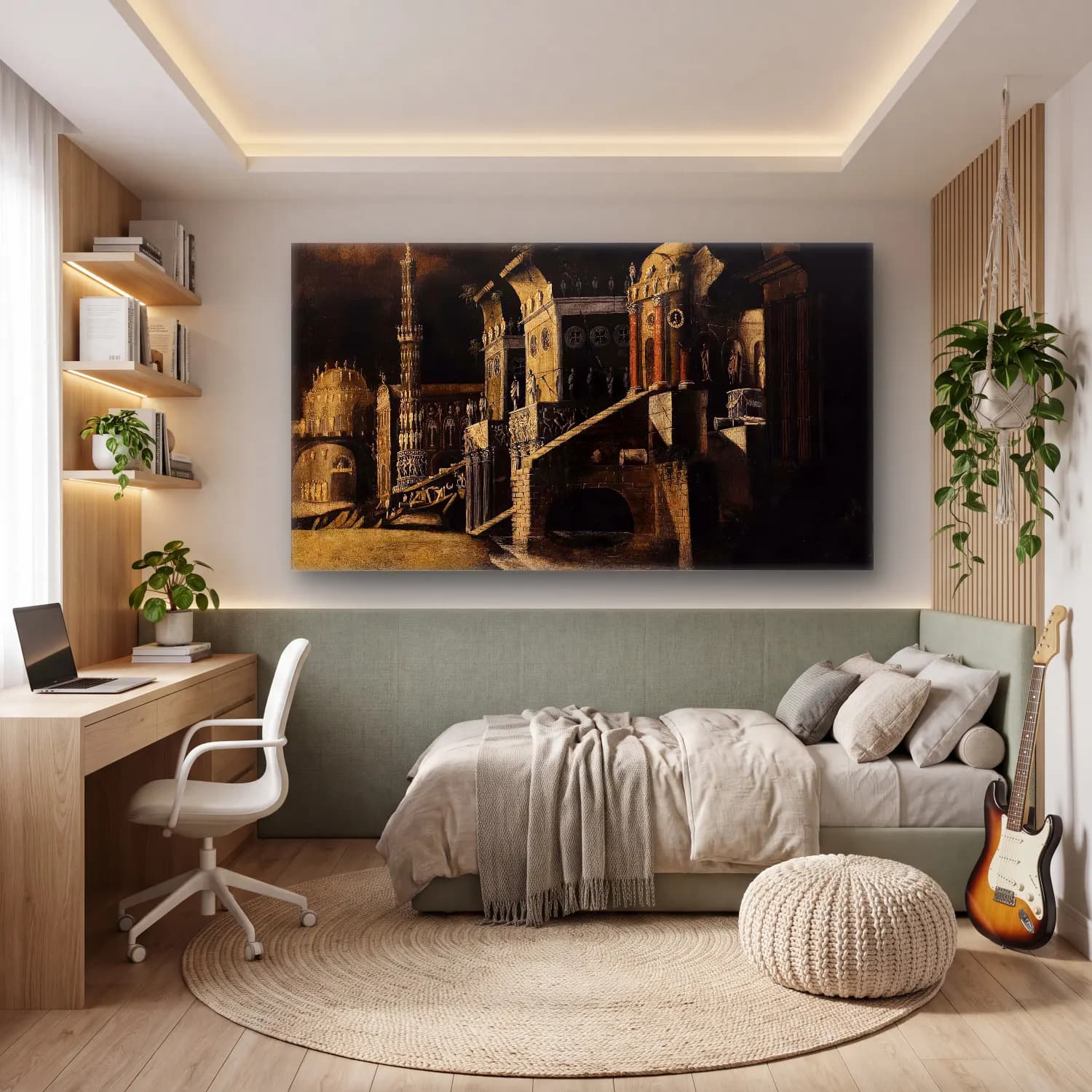 Yağlı Boya Gece Şehir – Siyah Beyaz Tonlar cam tablo — genç odasında