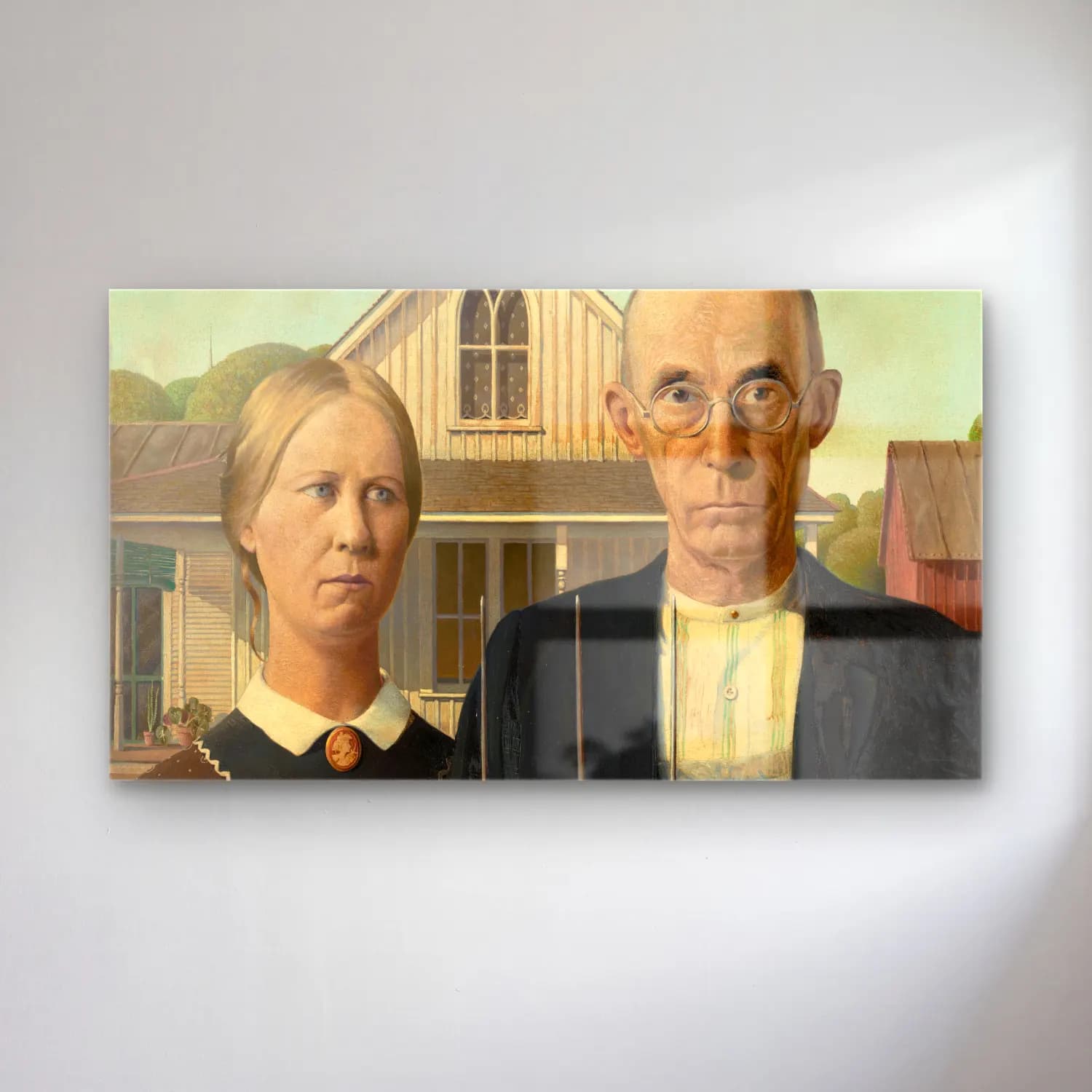 Grant Wood – American Gothic cam tablo — Grant Wood – American Gothic — yağlı boya erkek portresi