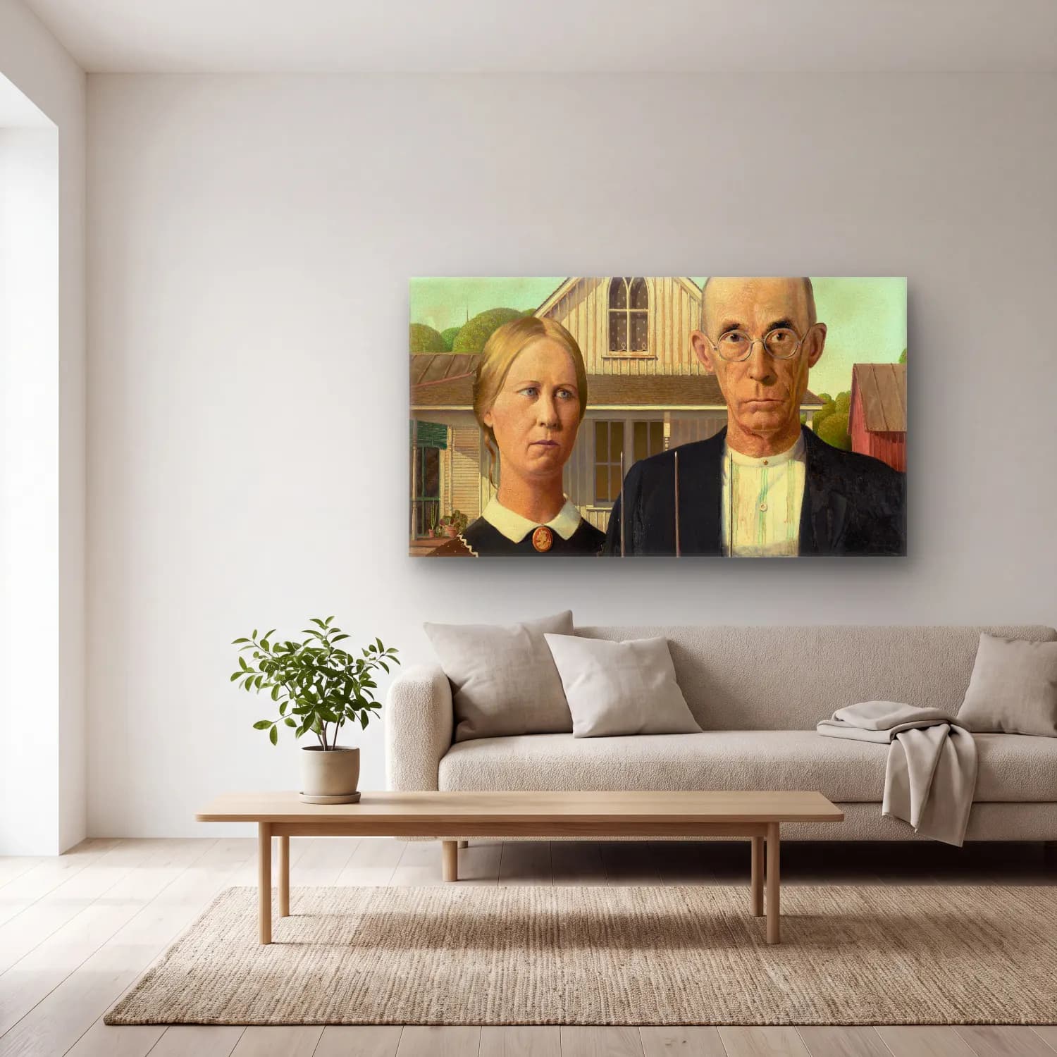 Grant Wood – American Gothic cam tablo — açık renk salonda