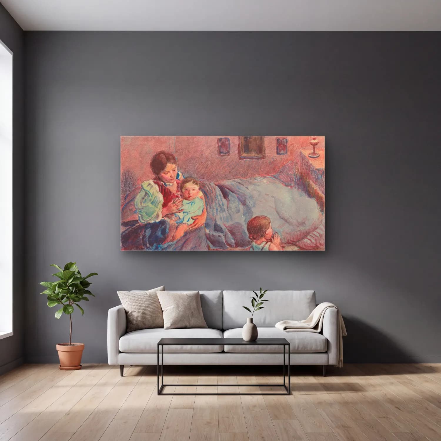 Vintage Anne ve Çocuk – Pastel Tonlar cam tablo — gri duvarlı salonda