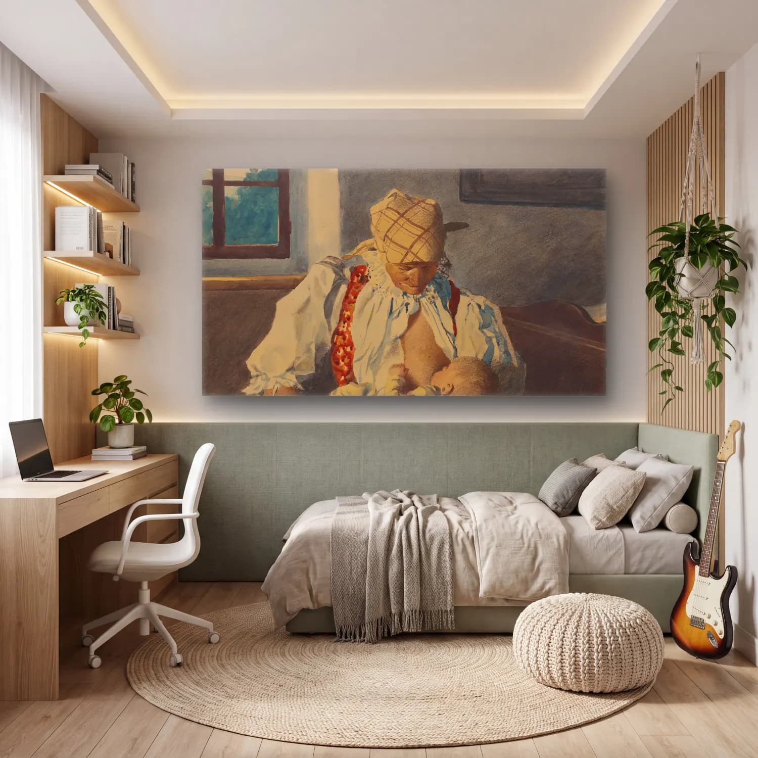 Suluboya Anne ve Çocuk – Sarı Tonlar cam tablo — genç odasında