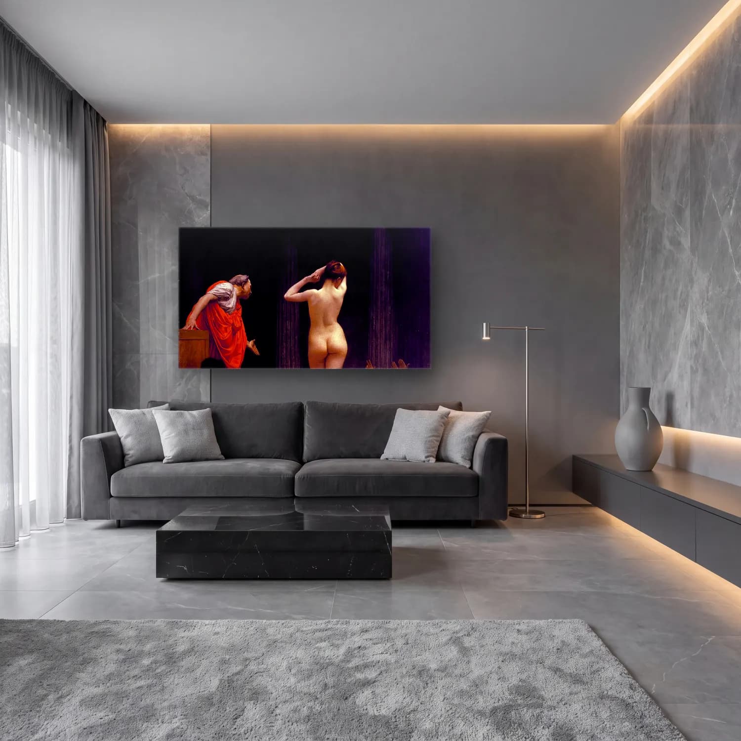 Yağlı Boya Figür Çalışması – Kırmızı Tonlar cam tablo — lüks salon duvarında