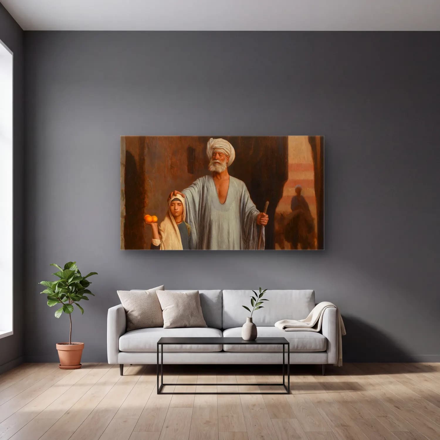 Yağlı Boya Erkek Portresi No. 16 cam tablo — gri duvarlı salonda