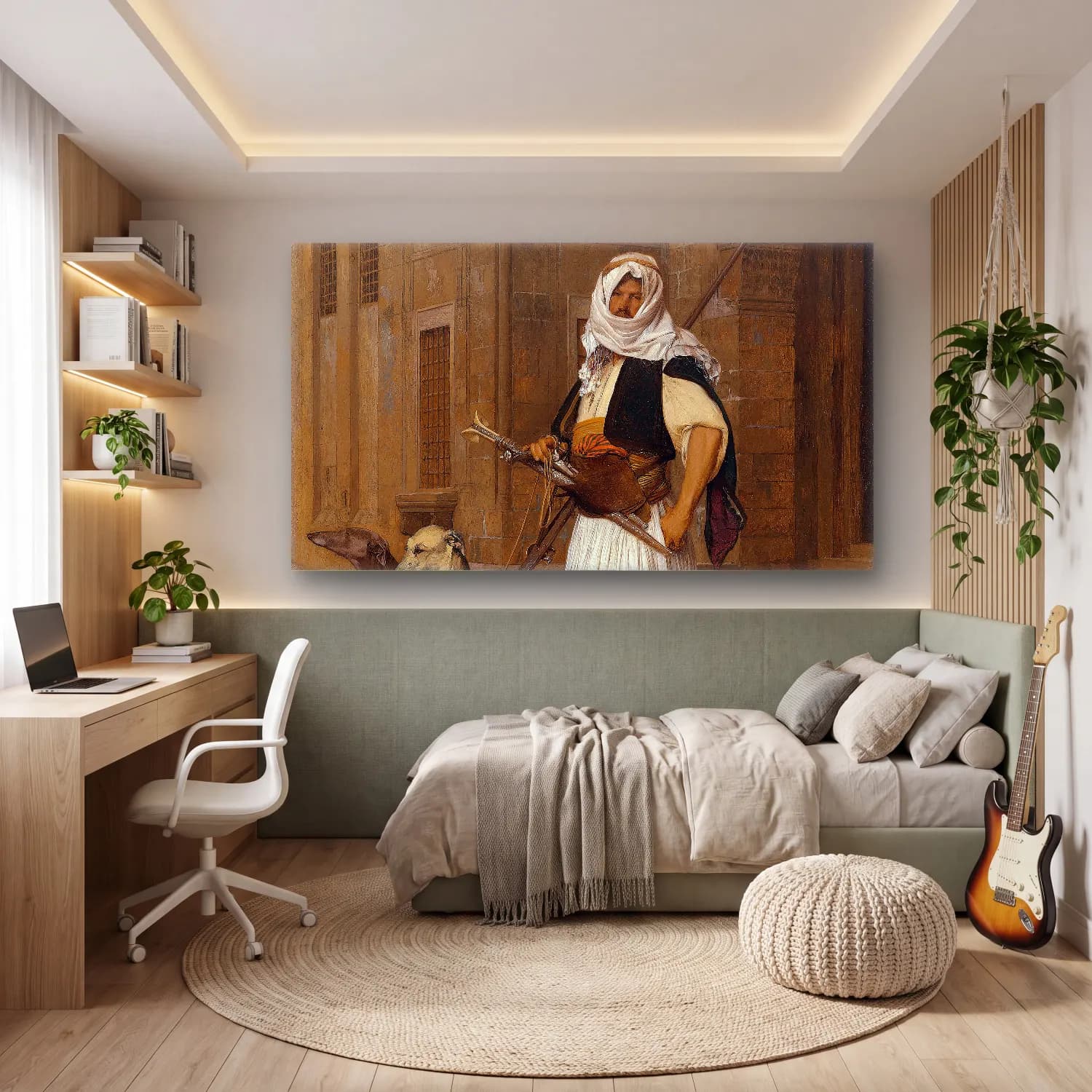 Yağlı Boya Şövalye – Bej Tonlar cam tablo — genç odasında