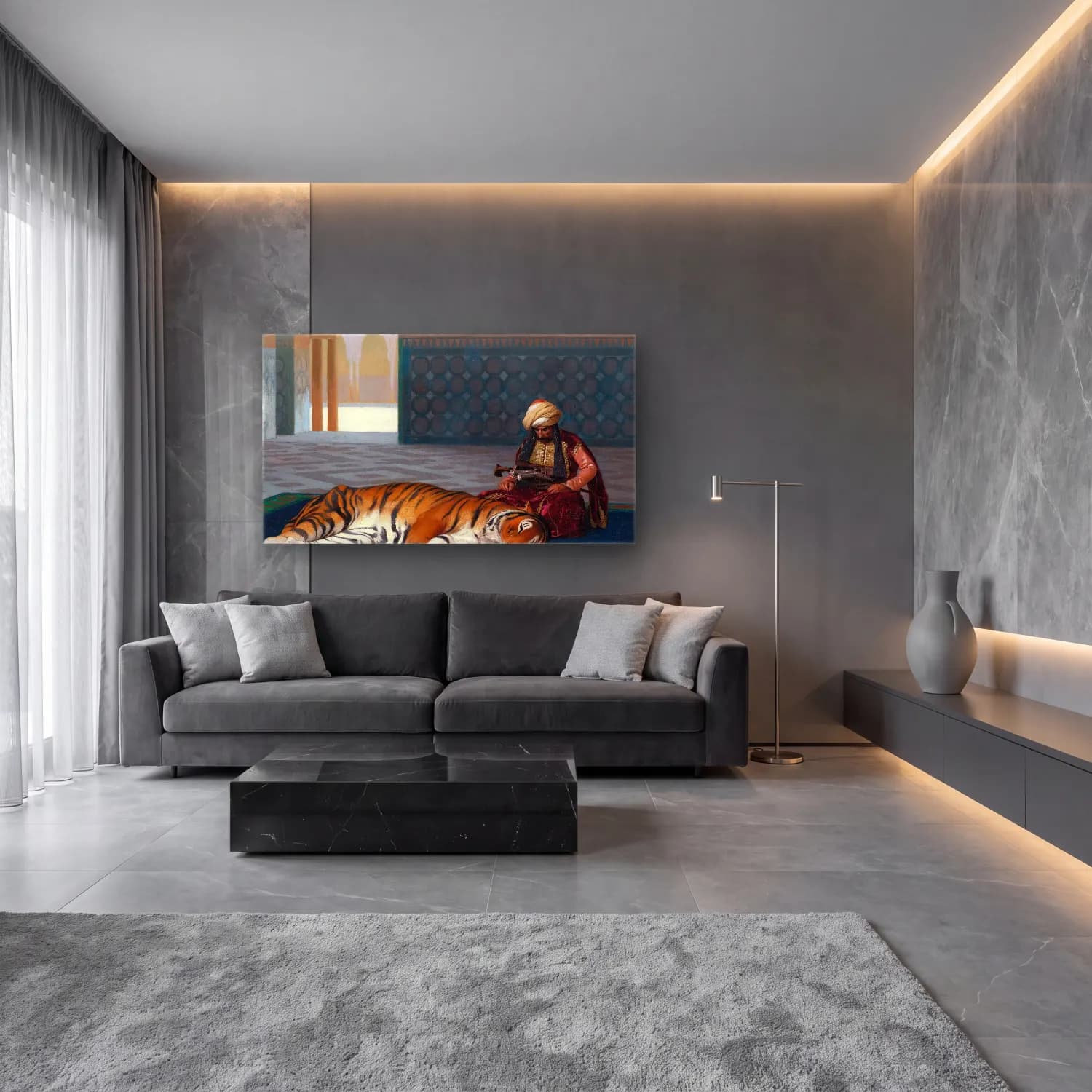Yağlı Boya Kaplan cam tablo — lüks salon duvarında
