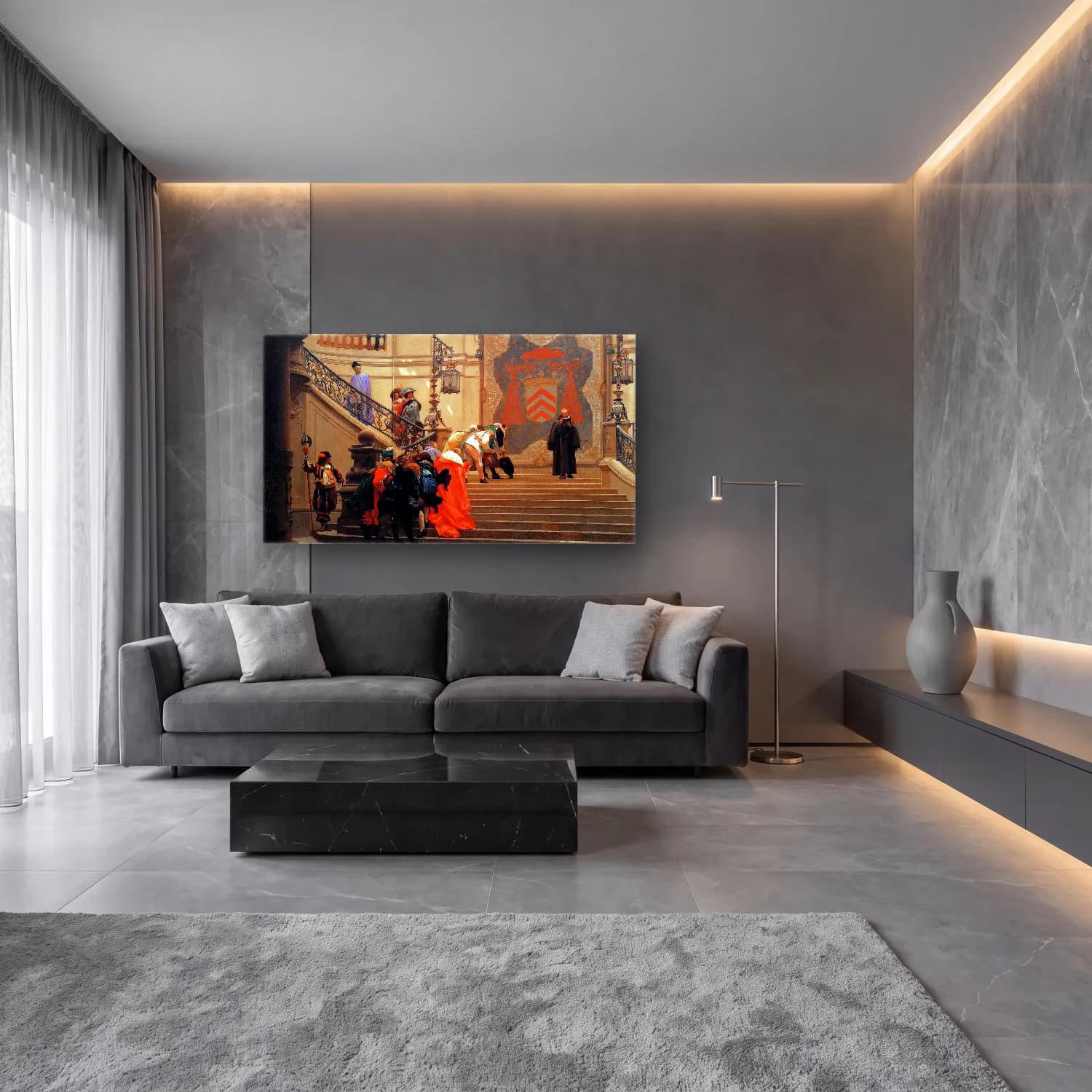 Yağlı Boya Merdiven cam tablo — lüks salon duvarında