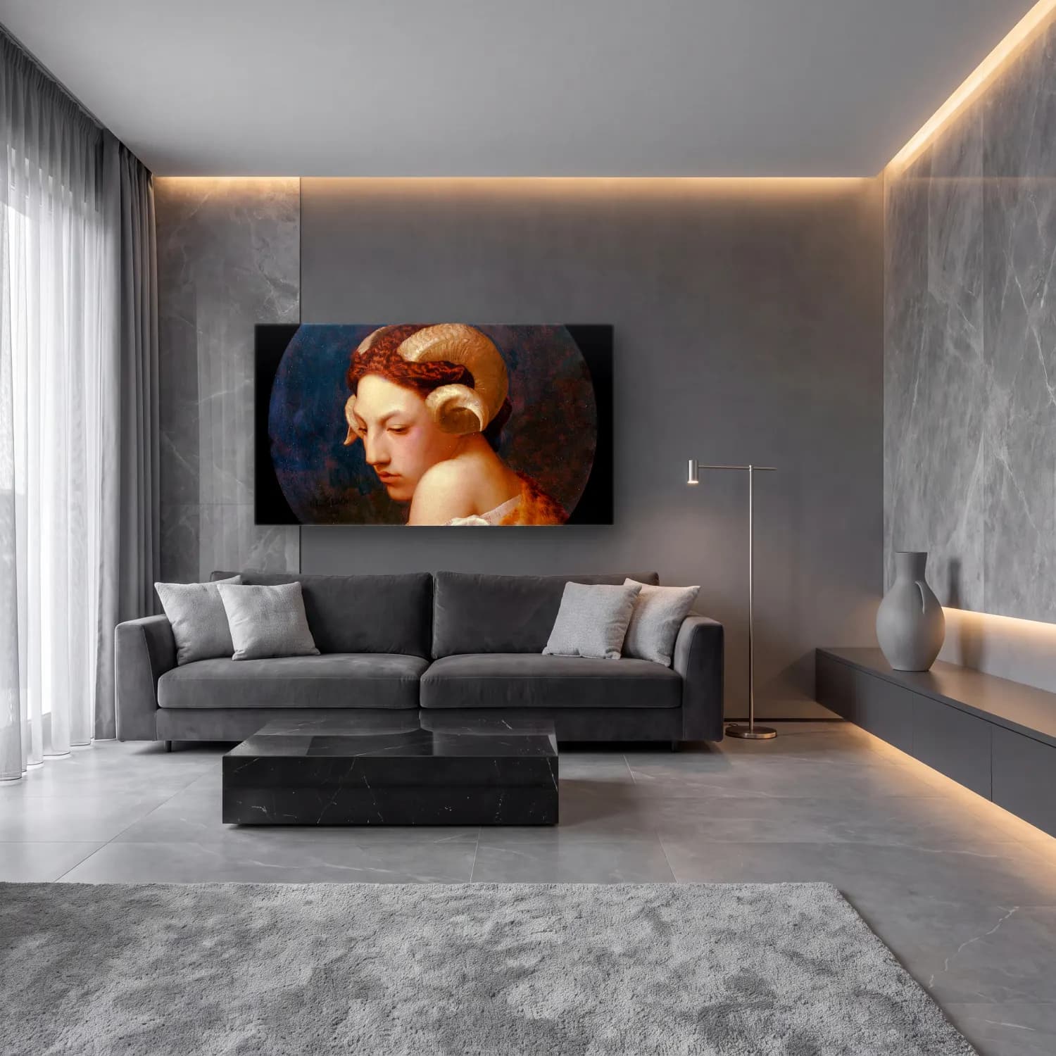 Yağlı Boya Kadın Portresi – Sarı Tonlar cam tablo — lüks salon duvarında