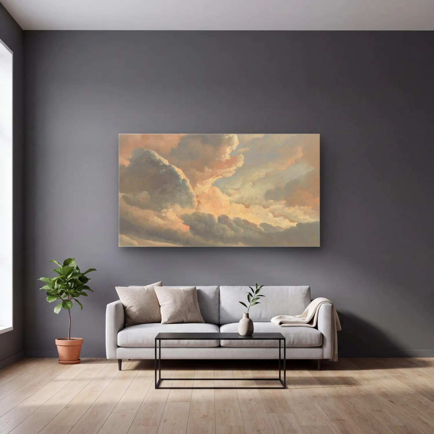 Simon Denis – Study of Clouds with a Sunset near Rome cam tablo — gri duvarlı salonda