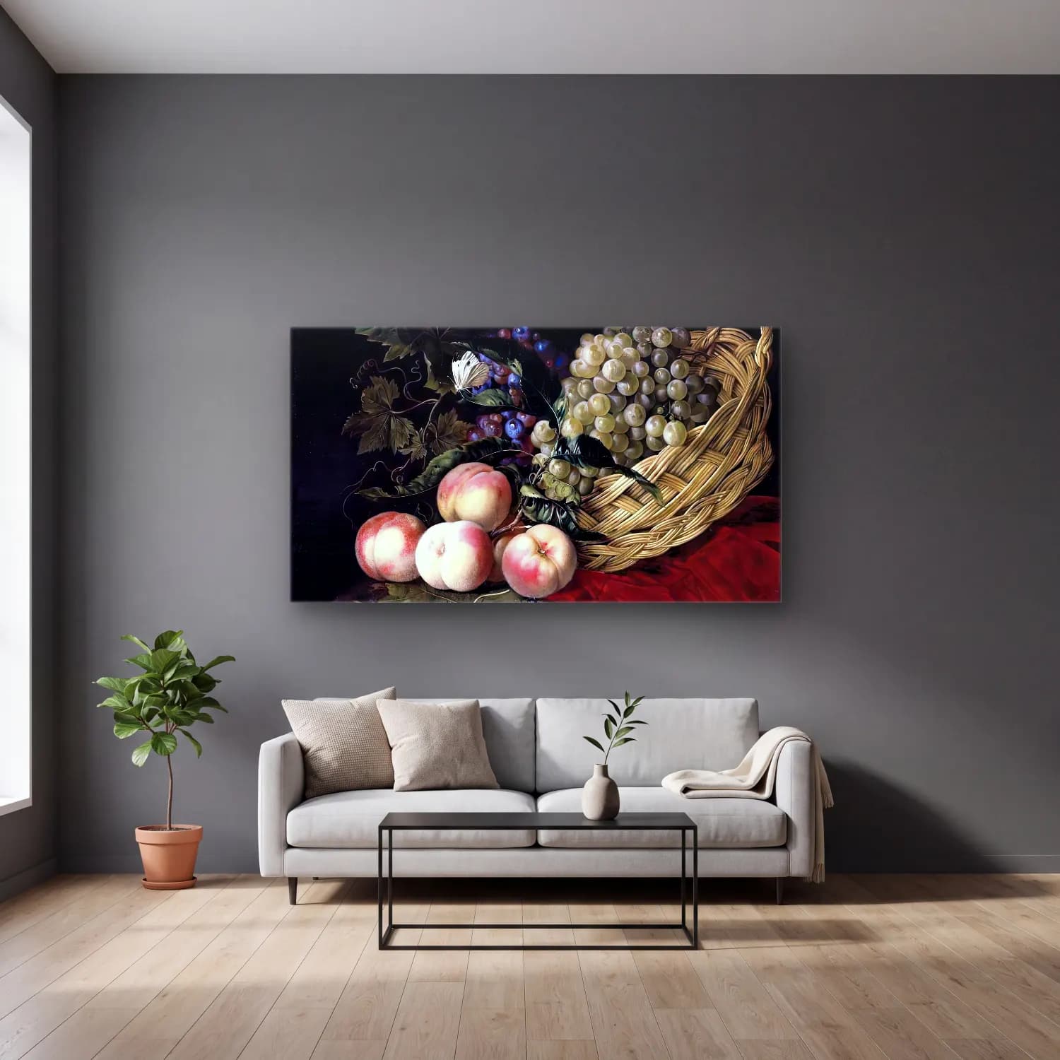 Willem van Aelst – Still-Life of Fruit cam tablo — gri duvarlı salonda