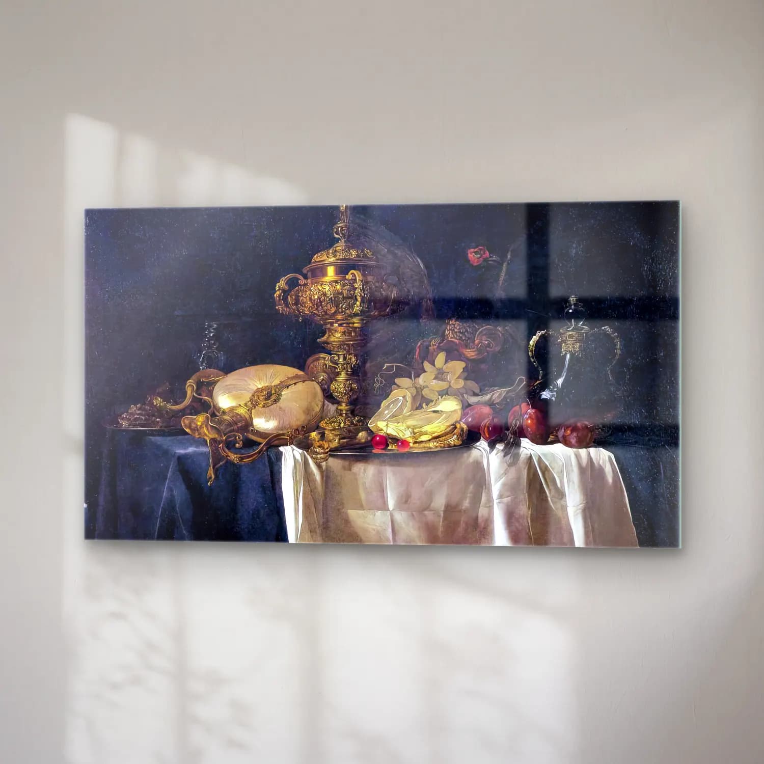 Willem van Aelst – Still-Life with Fruit, Parrot, and Nautilus Pitcher cam tablo — sağ açıdan görünüm