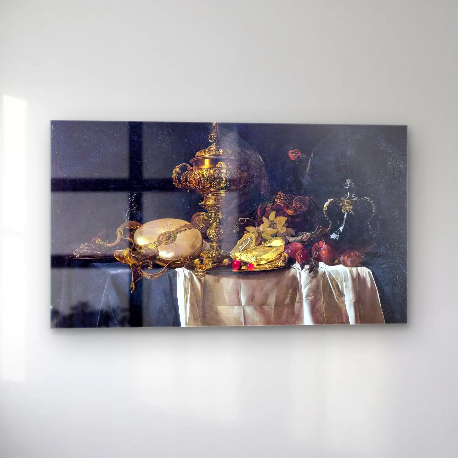 Willem van Aelst – Still-Life with Fruit, Parrot, and Nautilus Pitcher cam tablo — sol açıdan görünüm