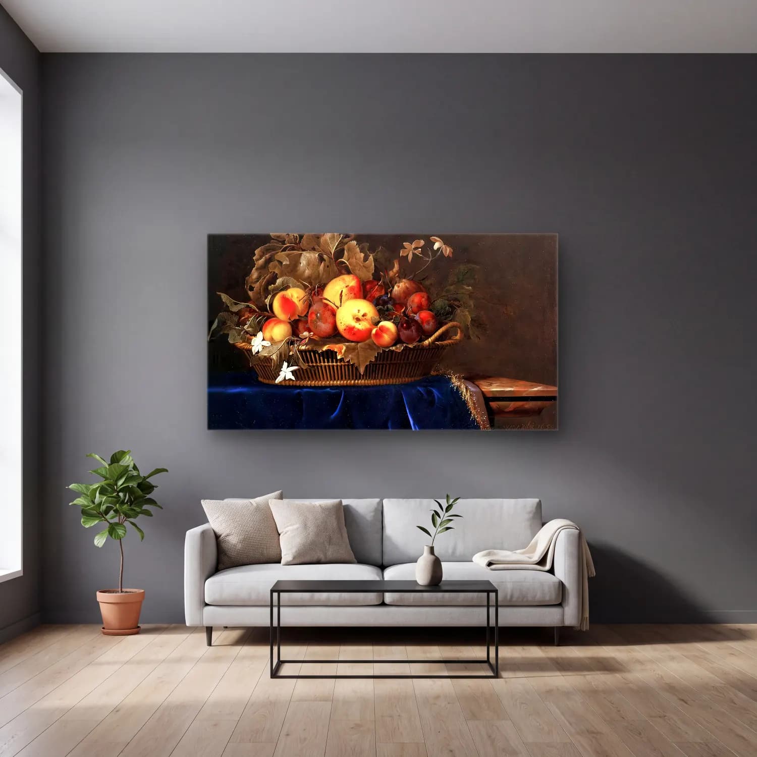 Willem van Aelst – Still-Life with a Basket of Fruit on a Marble Ledge cam tablo — gri duvarlı salonda