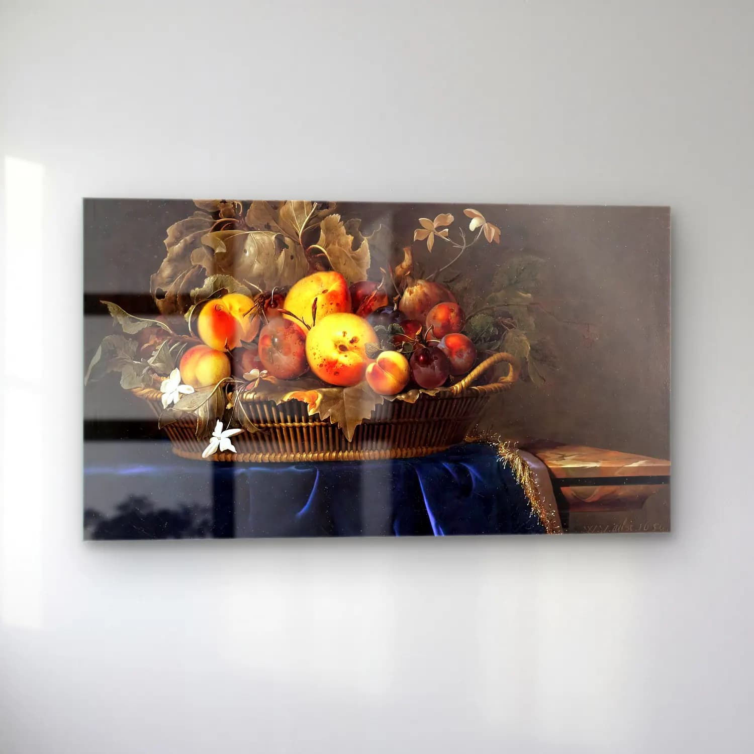 Willem van Aelst – Still-Life with a Basket of Fruit on a Marble Ledge cam tablo — sol açıdan görünüm