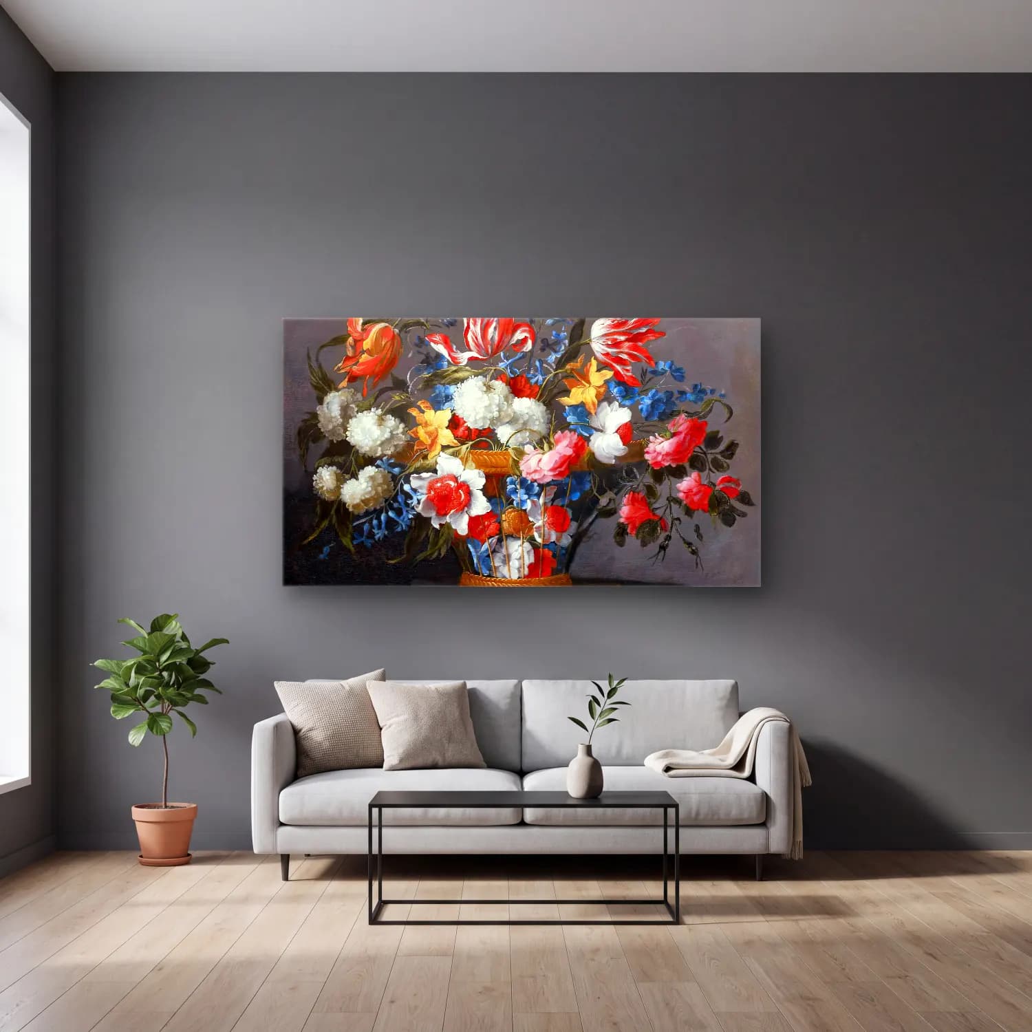 Juan de Arellano – A Wicker Basket with Flowers cam tablo — gri duvarlı salonda