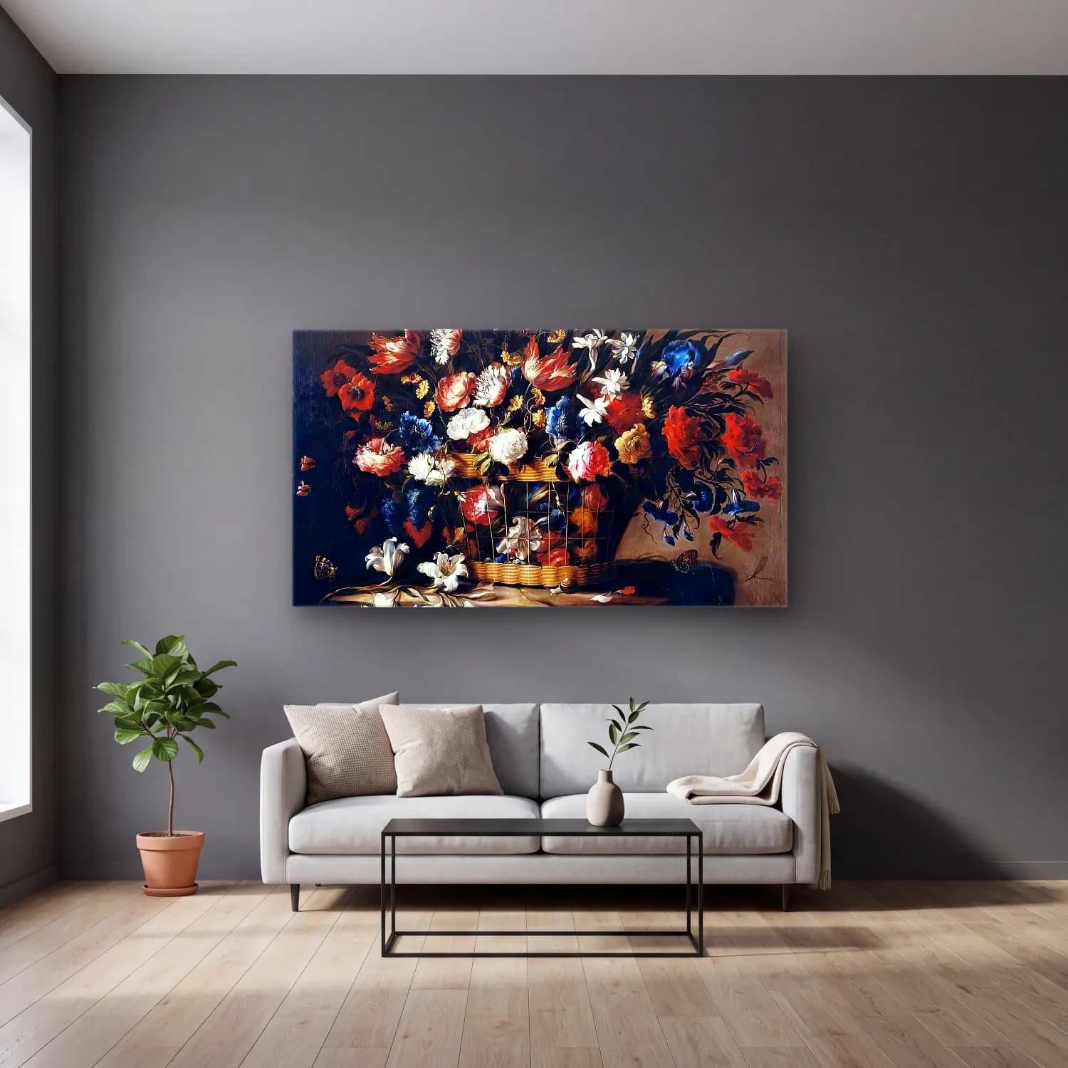 Juan de Arellano – Basket of Flowers cam tablo — gri duvarlı salonda