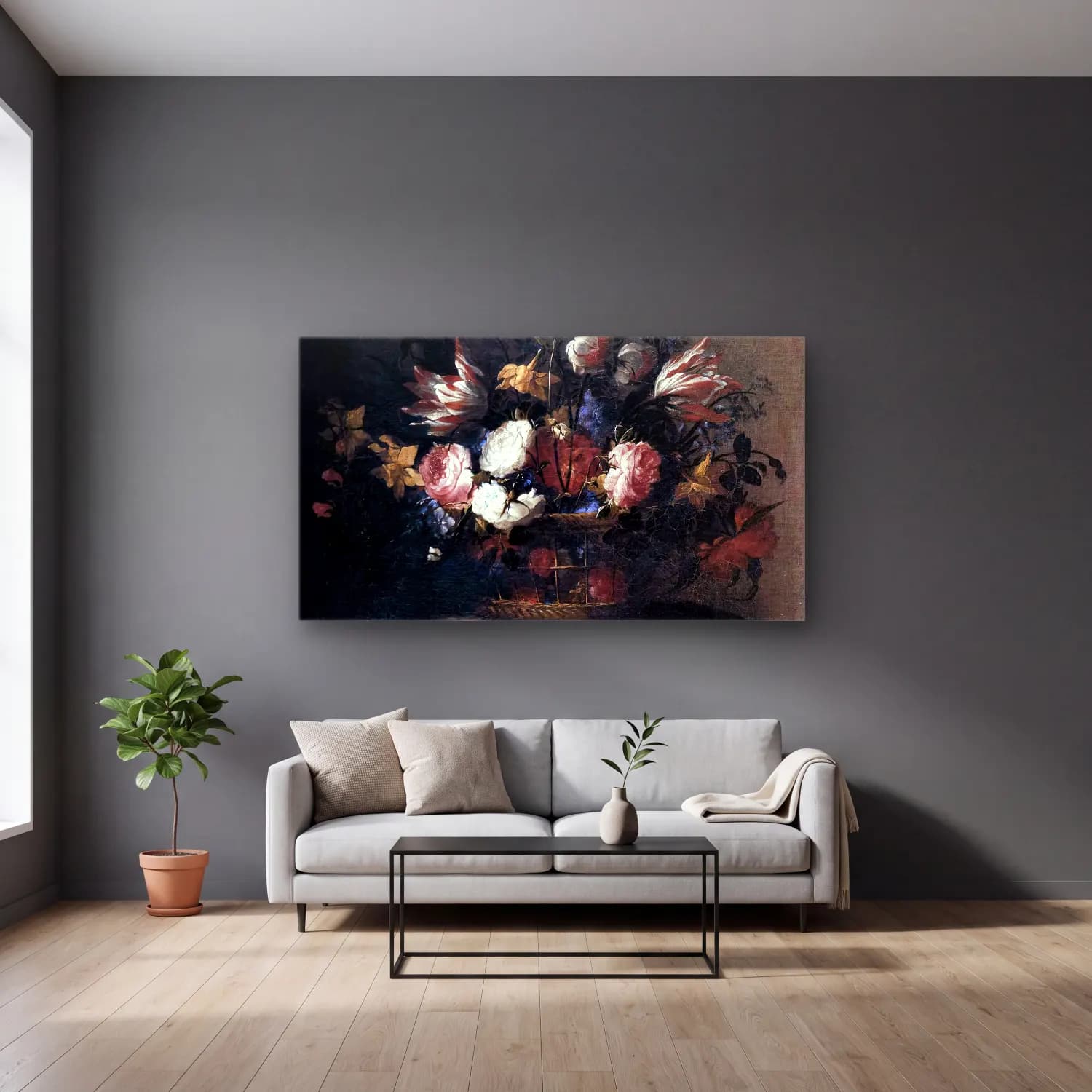 Juan de Arellano – Still-Life with a Basket of Flowers cam tablo — gri duvarlı salonda