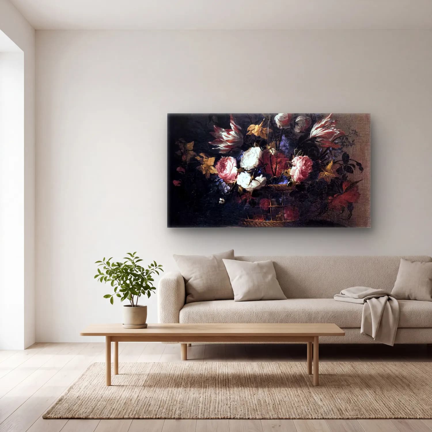 Juan de Arellano – Still-Life with a Basket of Flowers cam tablo — açık renk salonda