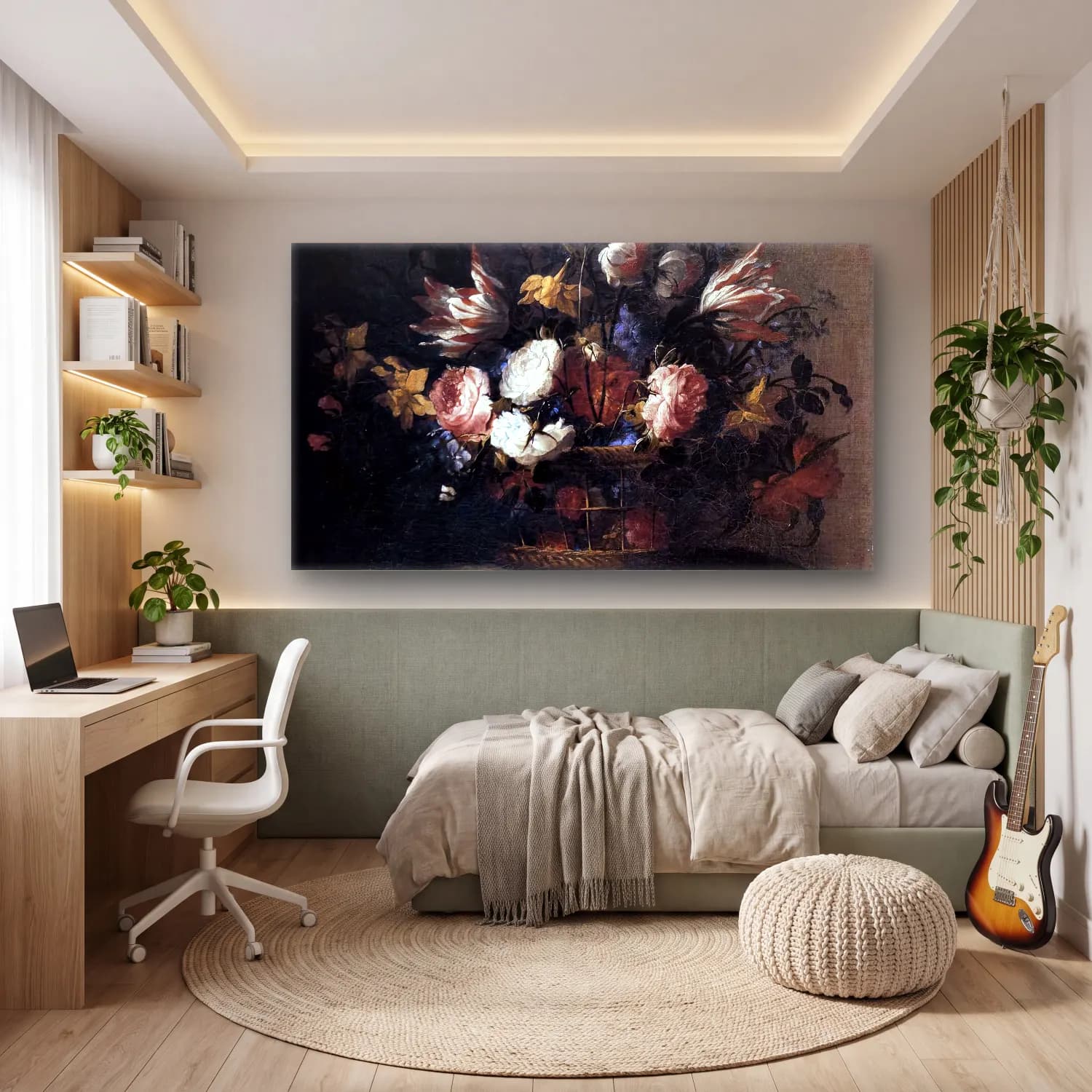 Juan de Arellano – Still-Life with a Basket of Flowers cam tablo — genç odasında