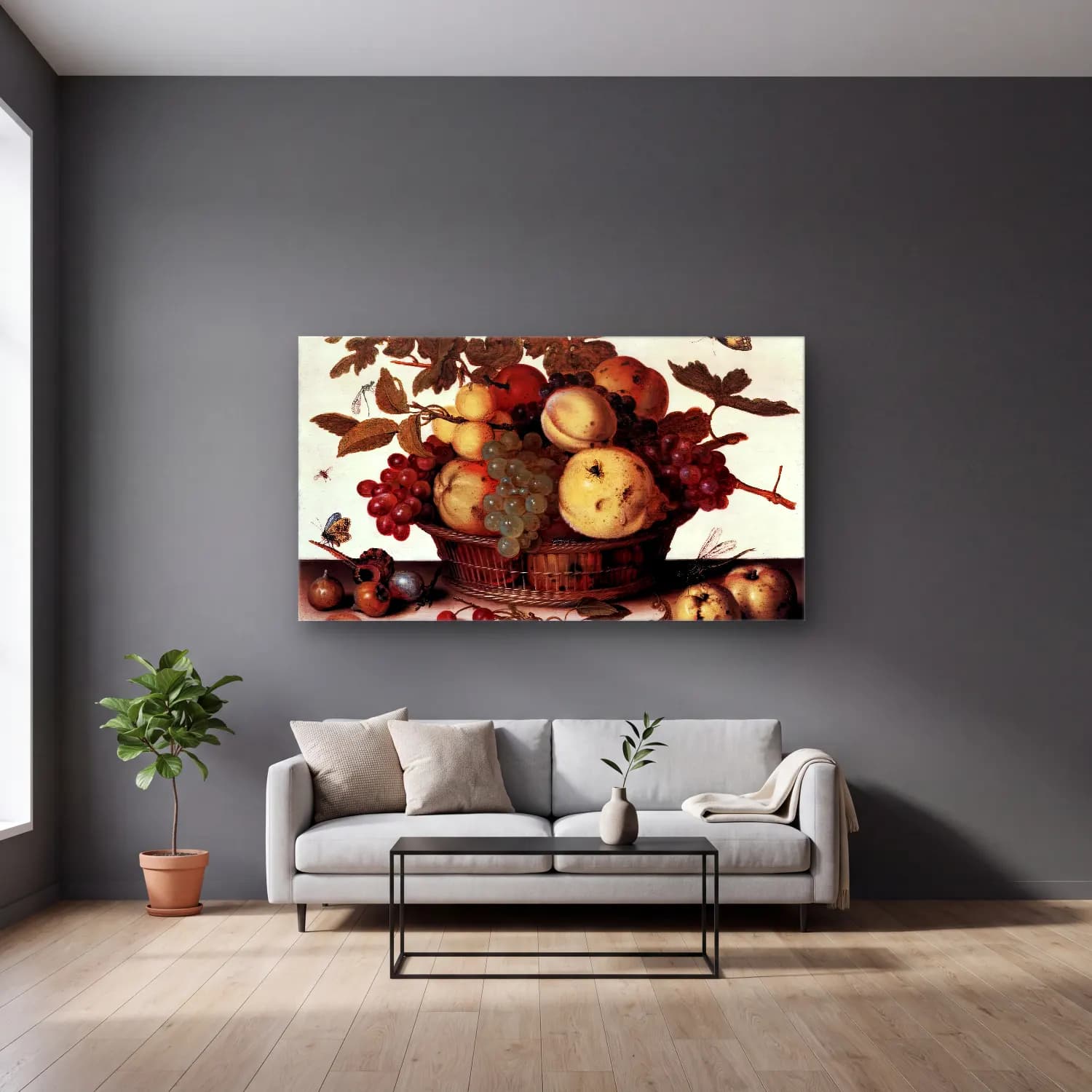 Balthasar van der Ast – Basket of Fruits cam tablo — gri duvarlı salonda