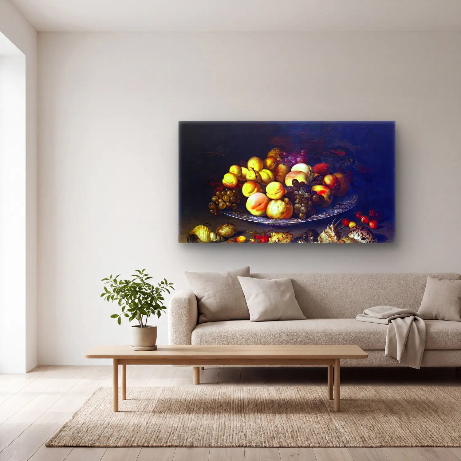 Balthasar van der Ast – Plate with Fruits and Shells cam tablo — açık renk salonda
