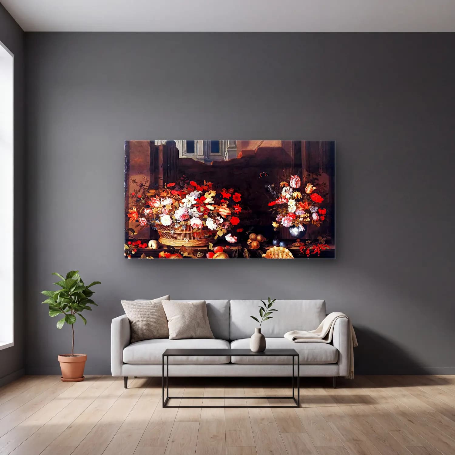 Balthasar van der Ast – Still-Life with Flowers, Fruit, and Shells cam tablo — gri duvarlı salonda